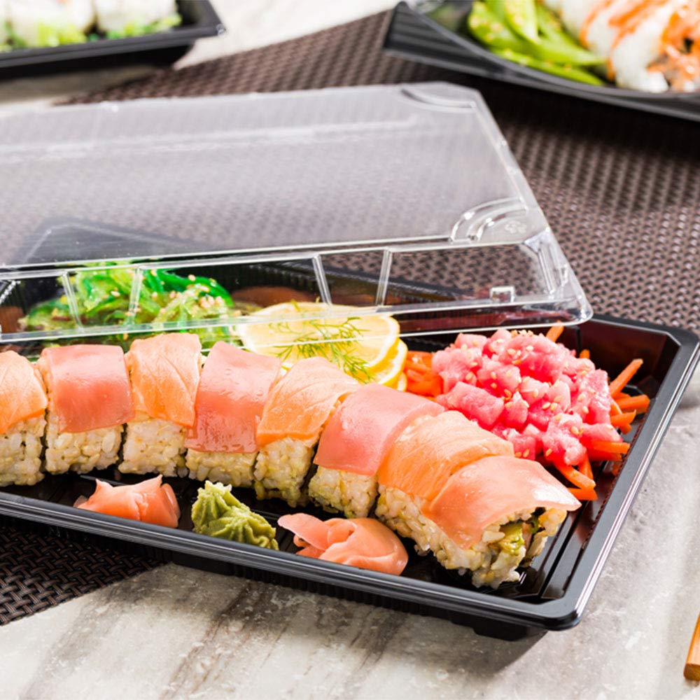 Restaurantware Roku 10.25 x 7.5 Inch 100-Pack Disposable Sushi Trays with Lids - Extra Large Black Plastic Food Containers for Sushi, Appetizers, Entrees & Desserts | Perfect for Takeout, Catering & Restaurant Use