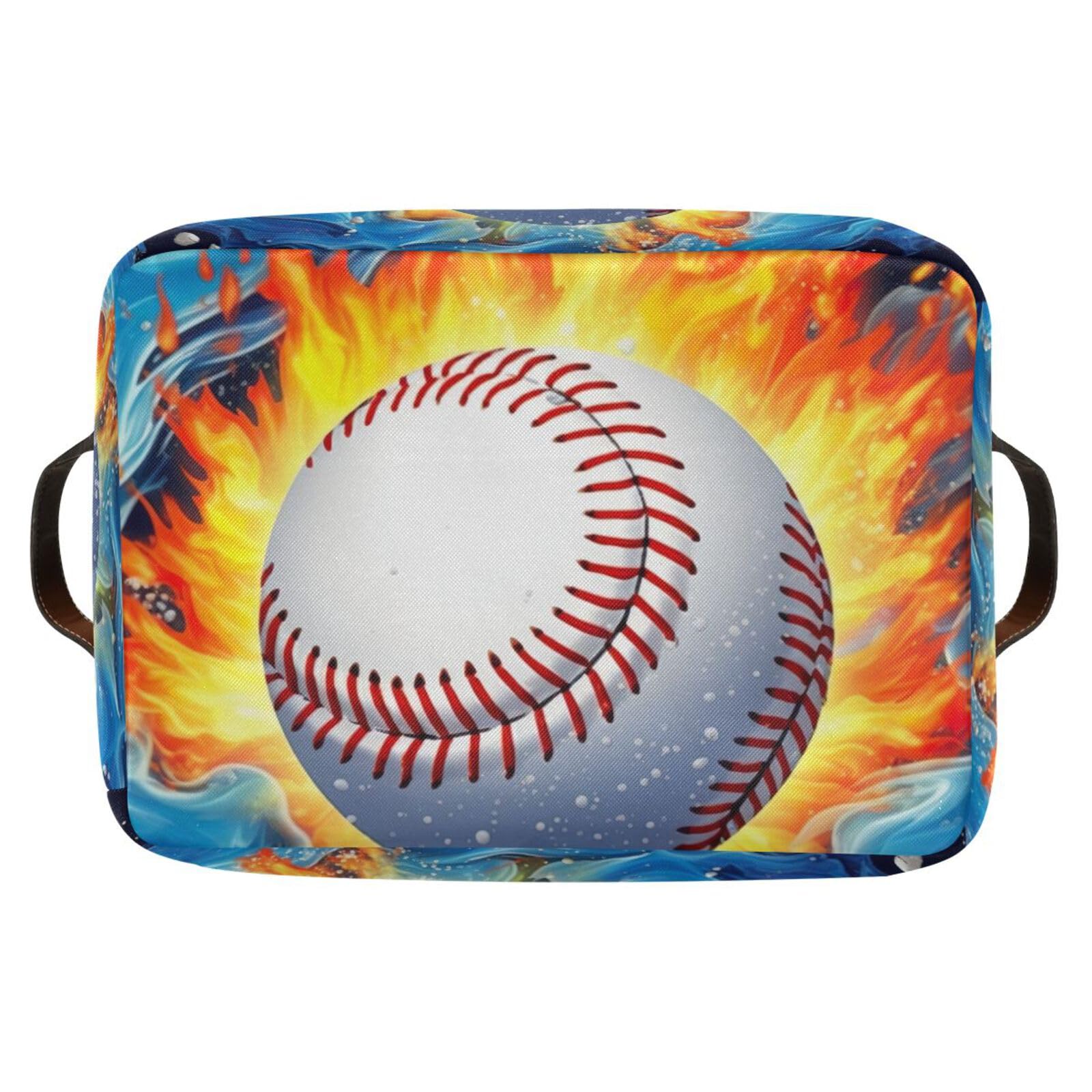 Baseball Pattern Foldable Storage Baskets - 2 Pack Rectangle Fabric Organizer Box with Handles for Clothes, Toys & Home Organization | Perfect for Bedroom Closet, Office Shelves & Kids Room Storage