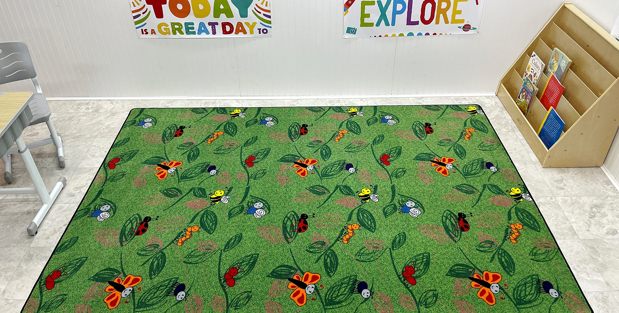 Buzzy Bugs Nylon Area Rug 12' x 6' - Colorful Nature Themed Kids Rug for Playroom, Classroom & Bedroom | Non-Slip Educational Carpet for Preschool Learning & Home Decor | Perfect for Storytime, Play Areas & Early Childhood Development Spaces