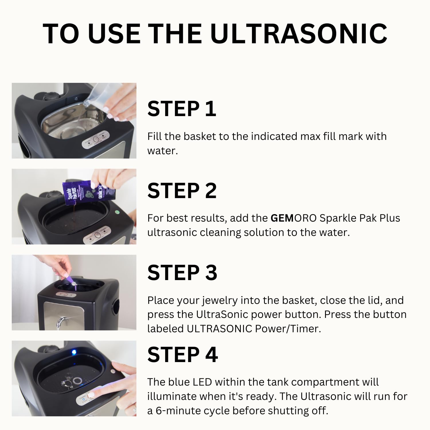 GemOro Ultrasonic & Steam Jewelry Cleaner - Professional Cleaning Machine for Rings, Watches, Glasses & Earrings | UltraSpa Personal Gentle Cleaner | Perfect for Home, Travel & Jewelry Store Use