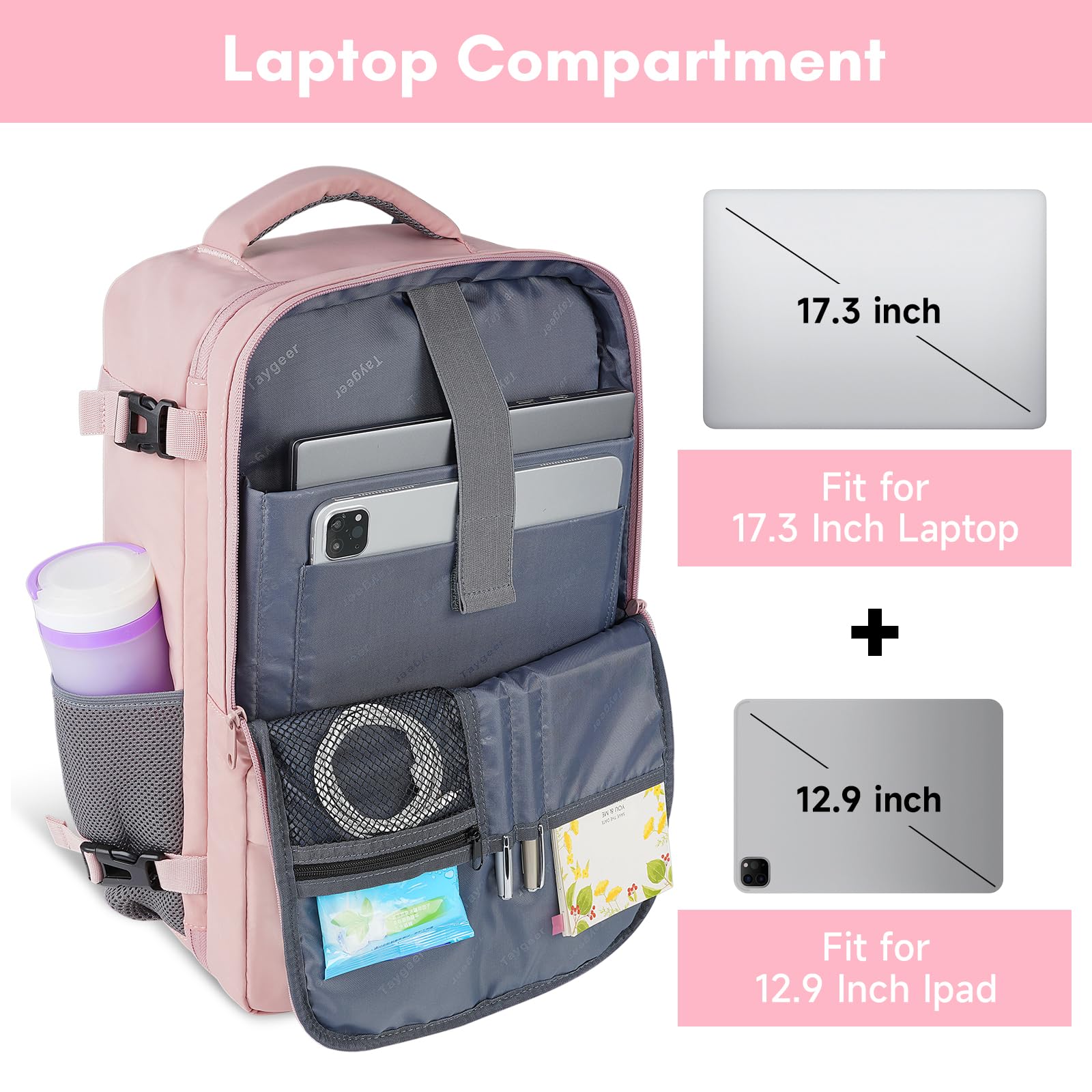 Taygeer Large Travel Laptop Backpack for Women - 17.3 Inch TSA Friendly 40L Carry On Mochila, Stylish Pink Daypack for Office Work, Business Travel Essentials, Perfect for Commuting and Weekend Getaways