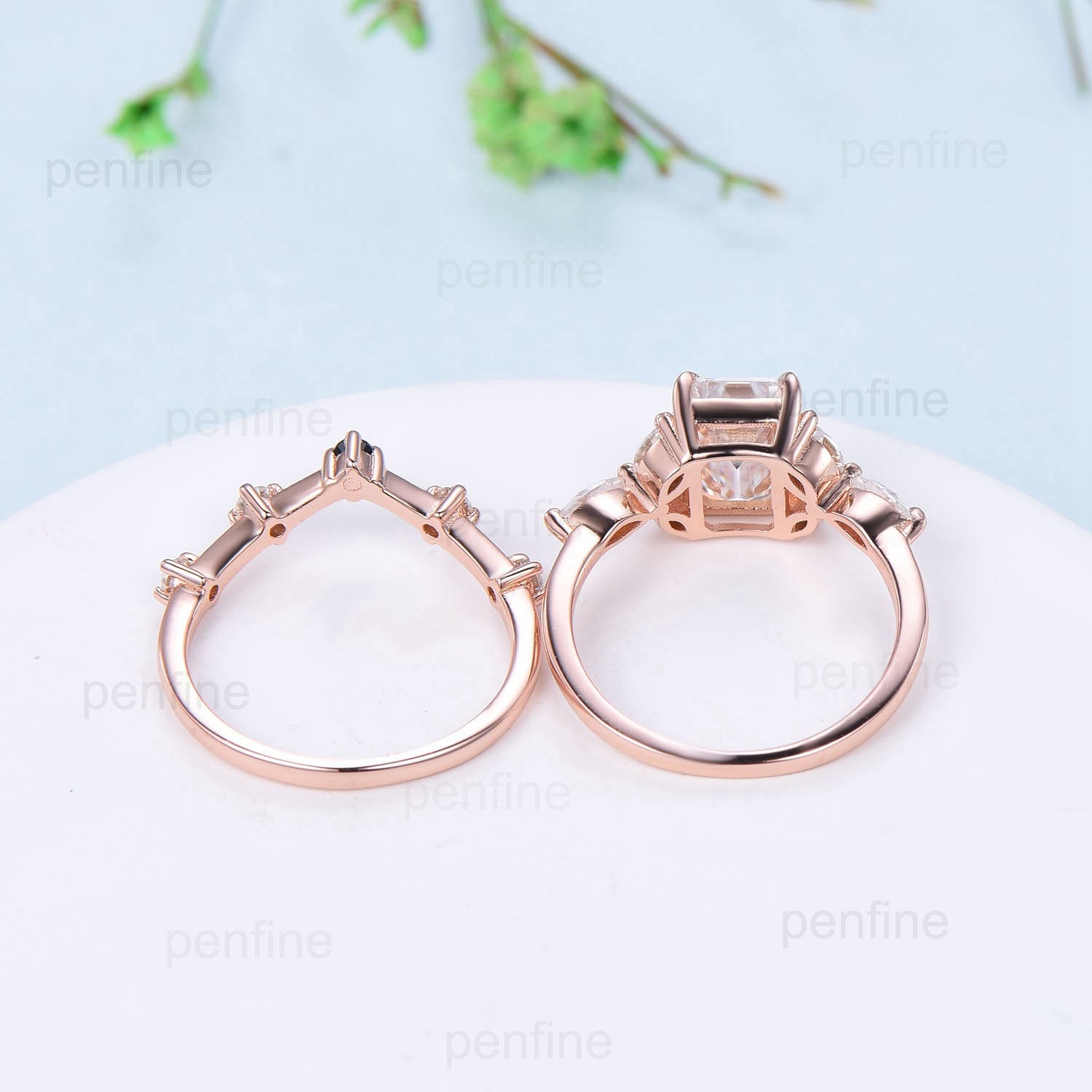 2 Carat Emerald Cut Moissanite Engagement Ring & Wedding Band Set - Vintage 7 Stone Marquise & 5 Stone Stackable Bridal Ring Set in Sterling Silver - Perfect for Proposals, Anniversaries, and Bridal Jewelry Gifts