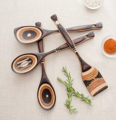 Premium Pakkawood 6-Piece Kitchen Utensil Set - Wooden Cooking Spoon, Slotted Spoon, Corner Spoon, Spatula & Measuring Spoons (13