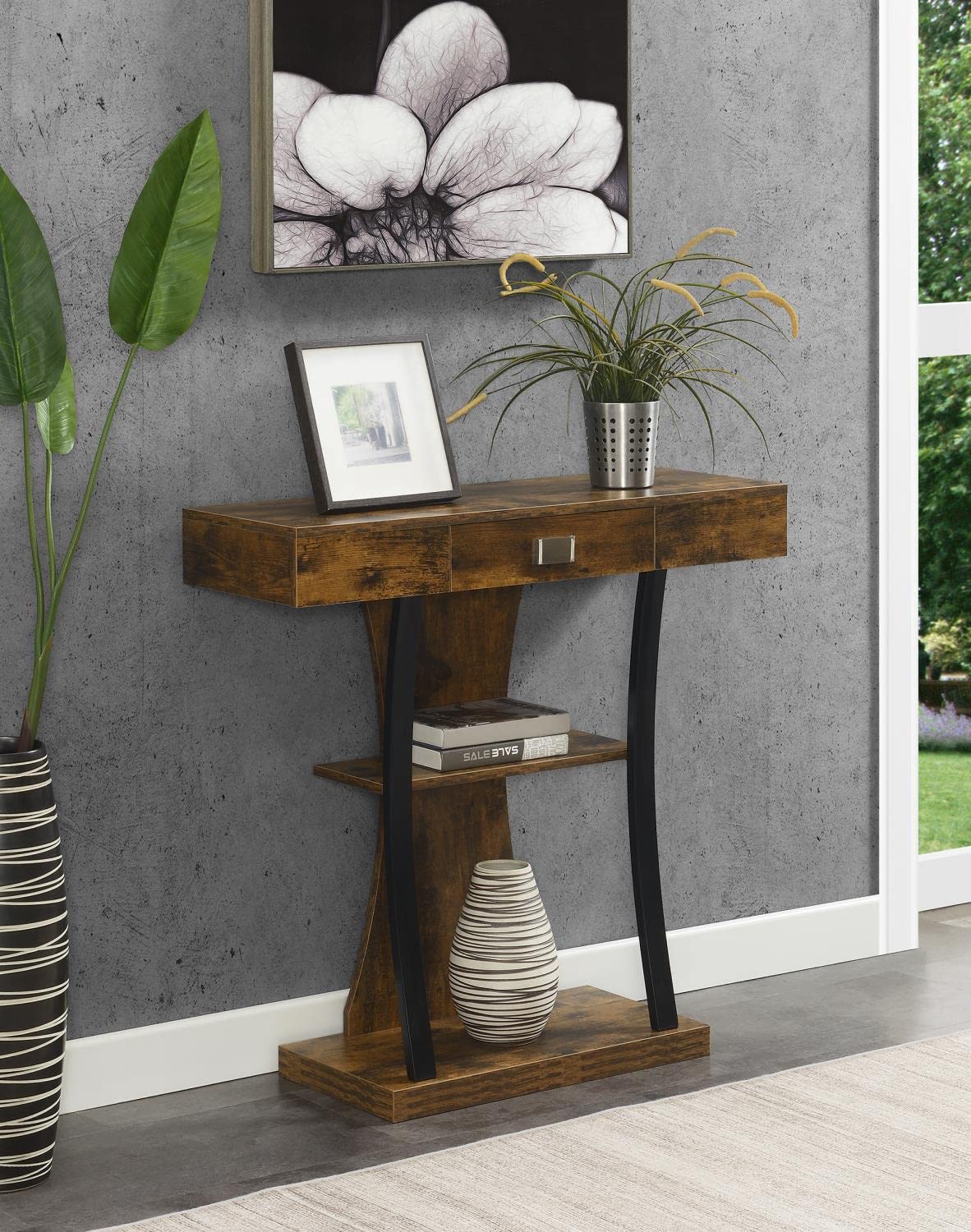 Convenience Concepts Newport Console Table with Shelves - Rustic Barnwood & Black Finish - Perfect for Entryway, Living Room, or Hallway Decor