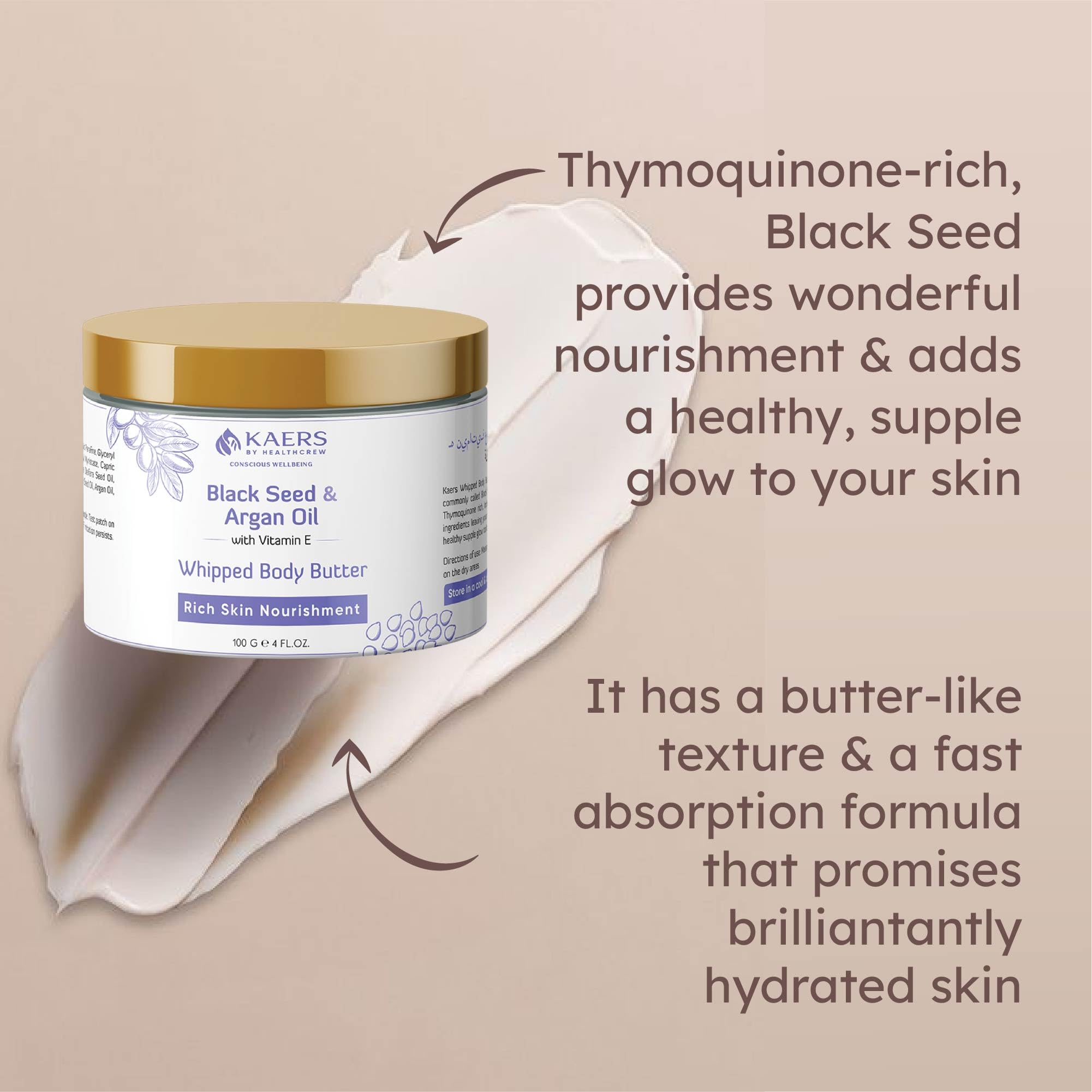 Kaers by Healthcrew Whipped Body Butter with Black Seed Oil & Argan Oil - Vitamin E Enriched Moisturizing Cream for Dry Skin | Ultra Hydrating & Nourishing | Perfect for Daily Skincare Routine, After Shower & Night Care - 3.5oz (100g) Pack of 1