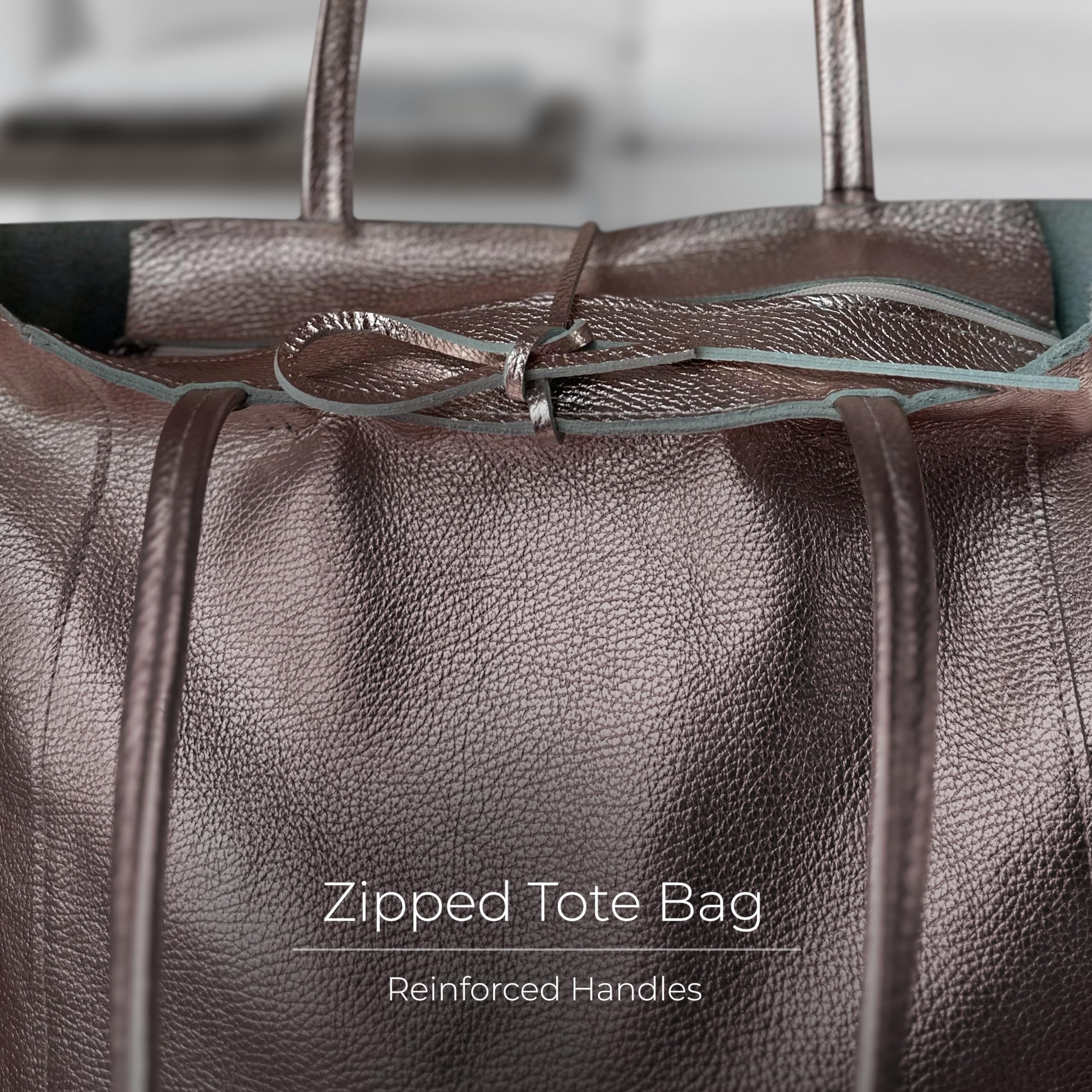 Genuine Italian Metallic Leather Tote Bag for Women - Large Zippered Handbag for Work, Travel & Shopping | Stylish Everyday Purse & Professional Office Bag