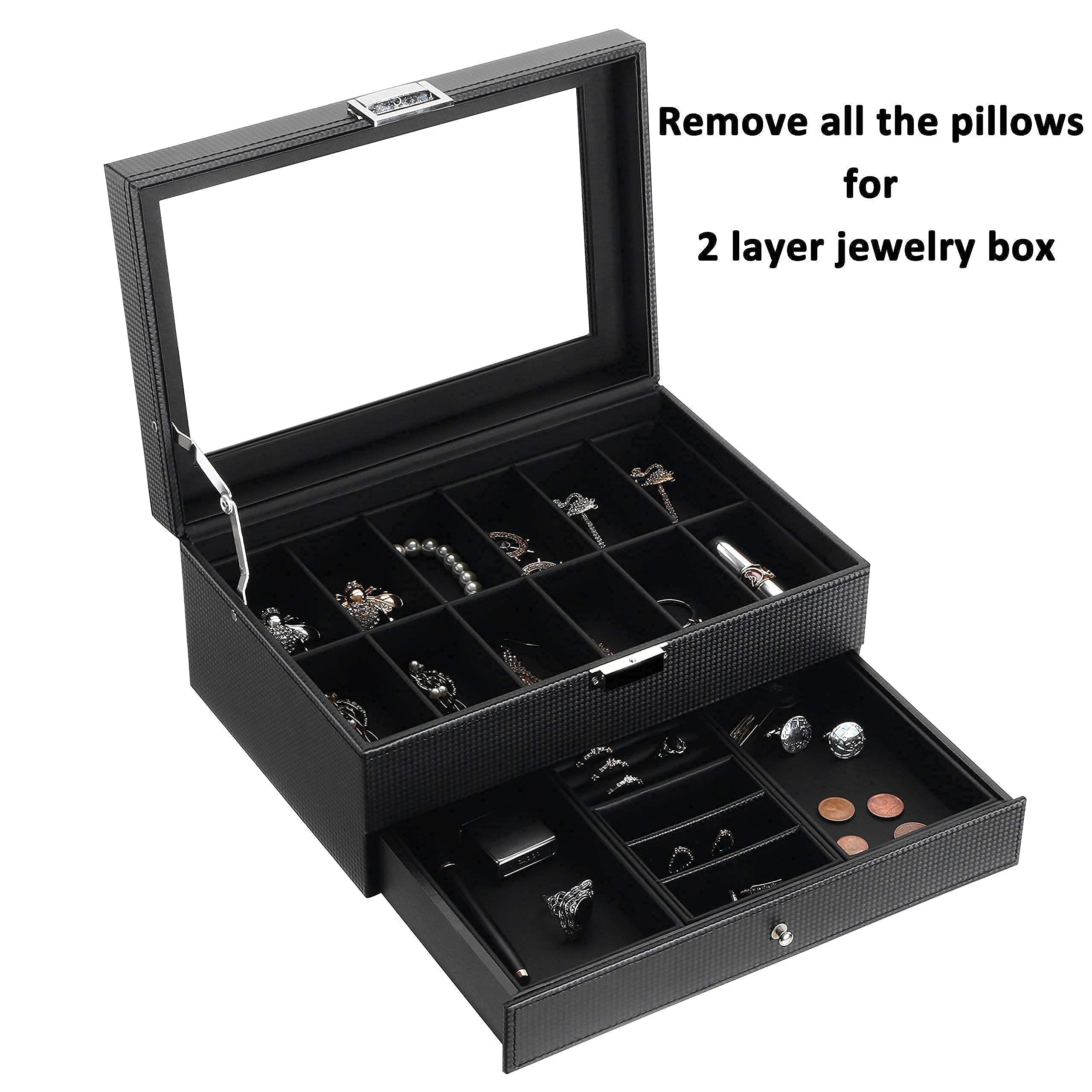 BEWISHOME Carbon Fiber Watch Box Organizer & Valet Tray - Men's Dresser and Nightstand Storage Case - Perfect for Watch Collection, Jewelry, and Small Essentials Organization at Home or Office