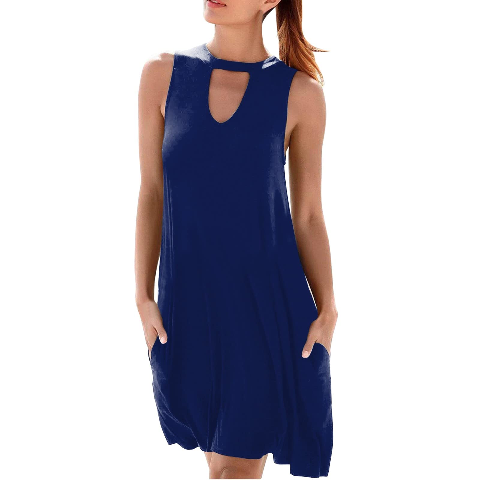 Women's Midi Spring Summer Beach Dress - Sleeveless Flowy Party Dress with Stylish Neckline & Pockets | Perfect for Beach Vacations, Pool Parties & Date Nights