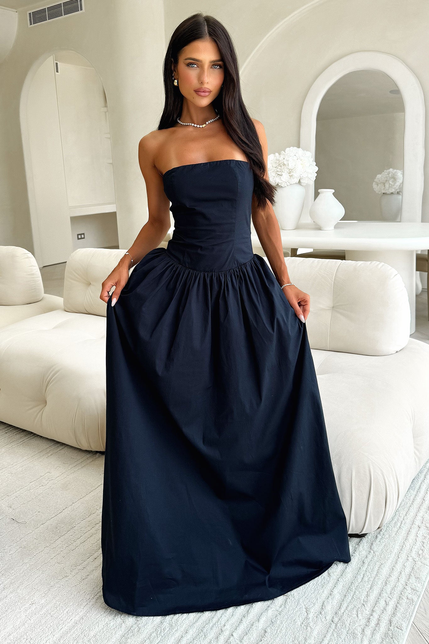 Iridessa Strapless Maxi Dress for Women - Navy Blue Long Formal Evening Gown - Perfect for Weddings, Prom, Cocktail Parties & Special Occasions