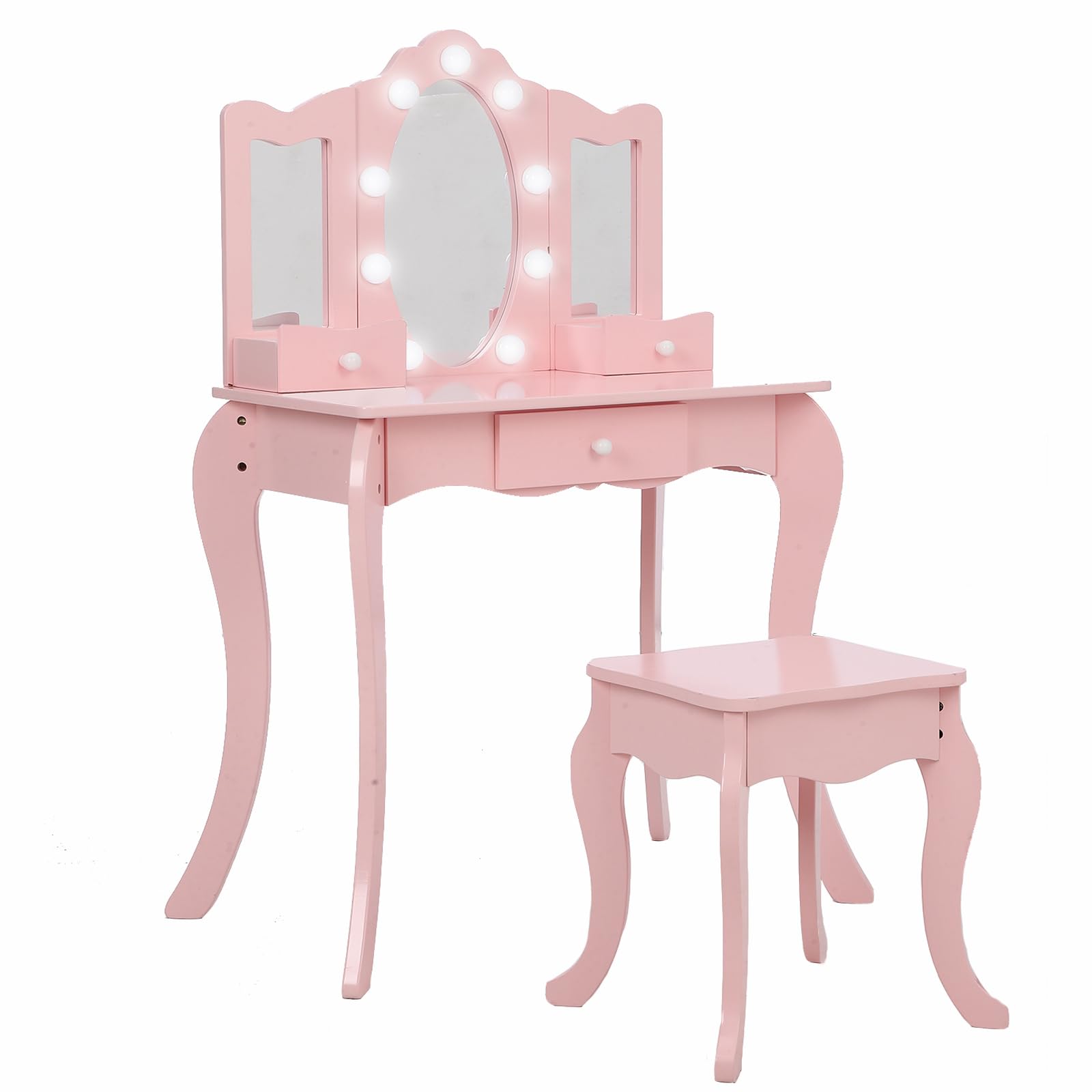 Kids Vanity Table with Mirror, Light, Stool & Drawer - 2-in-1 Wooden Princess Makeup Desk for Girls & Toddlers | Perfect for Bedroom, Playroom & Birthday Gifts