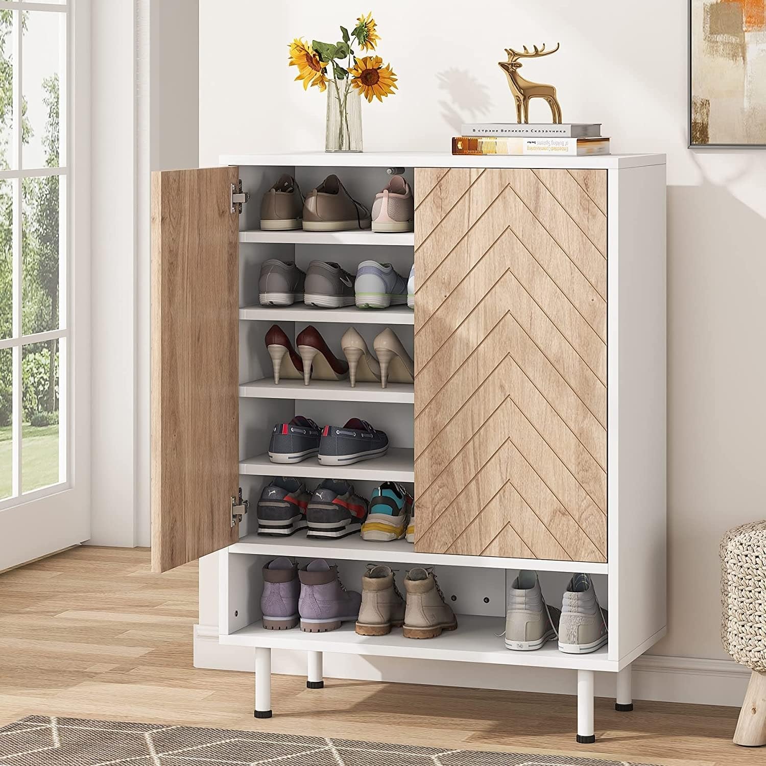 Modern 18 Pair Shoe Storage Cabinet with Door - White | Space-Saving Shoe Organizer for Entryway, Closet & Bedroom