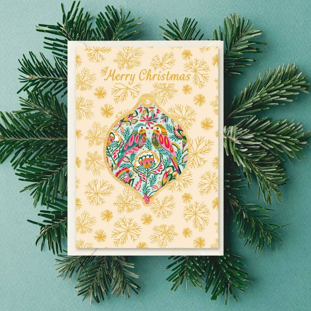 Handmade Bejewelled Birds Christmas Card & Bauble Set - Festive Holiday Greeting Card with Ornament for Xmas Tree Decor - Perfect for Holiday Gifting, Home Decor & Christmas Party Favors
