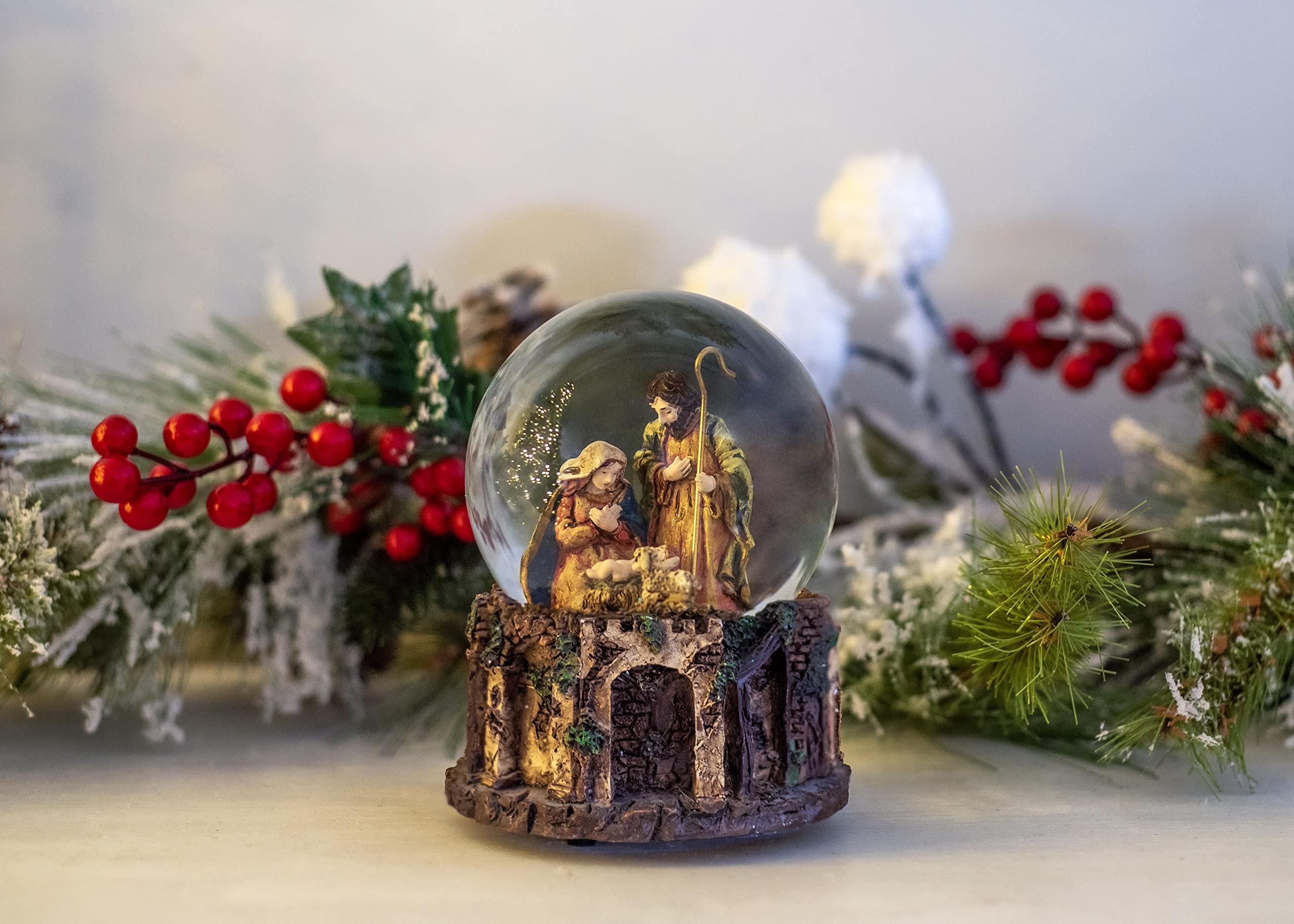 Elanze Designs Nativity Town MM Polyresin Christmas Snow Globe with Glitter Water - Silent Night Music, Whimsical Tabletop Decoration for Dresser, Nightstand, or Holiday Display