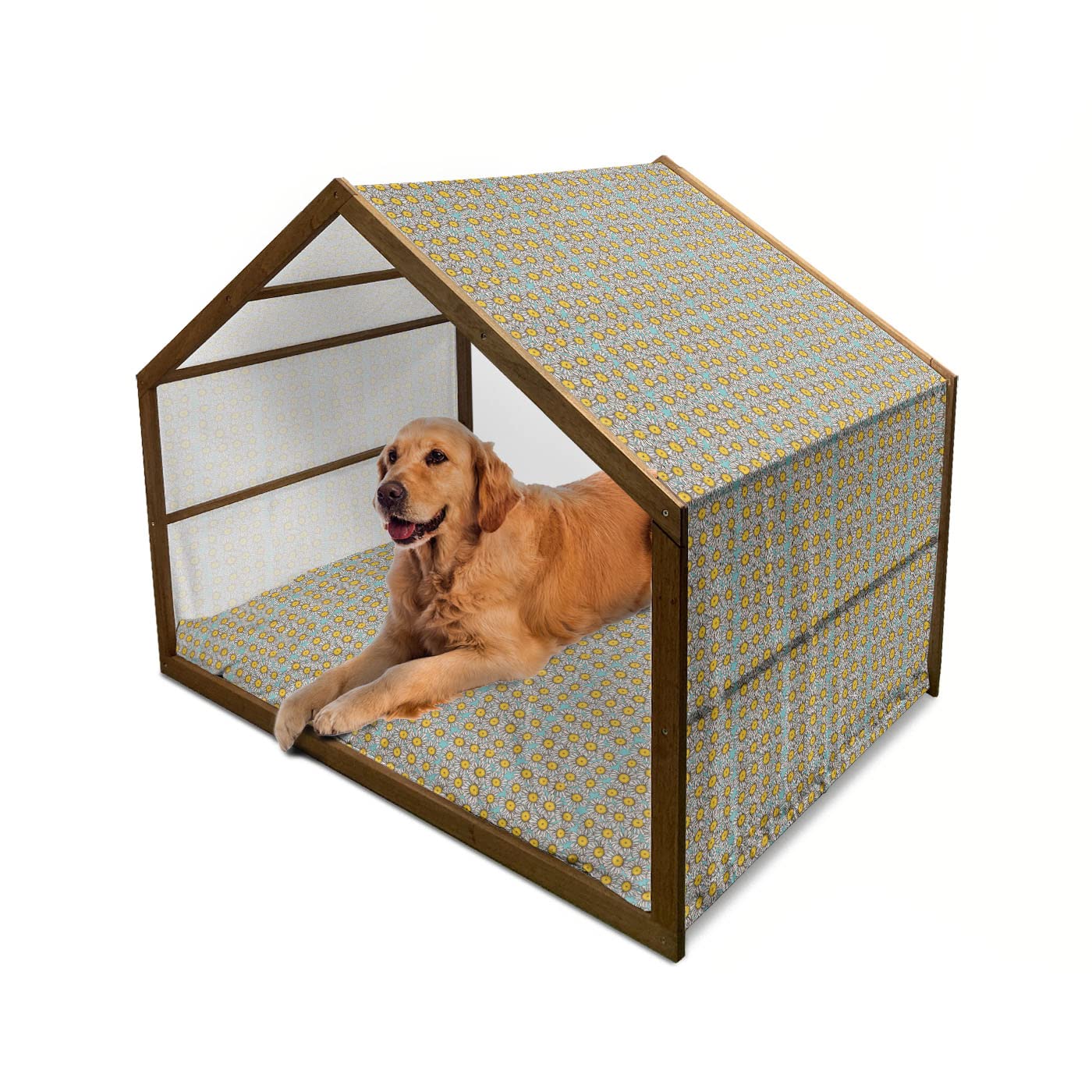 Ambesonne Large Wooden Dog House with Sketch Style Daisy Bouquet Design - Indoor & Outdoor Portable Pet Kennel with Pillow & Cover - 2X-Large Size in Pale Blue Marigold White - Perfect for Backyard, Patio, or Home Decor