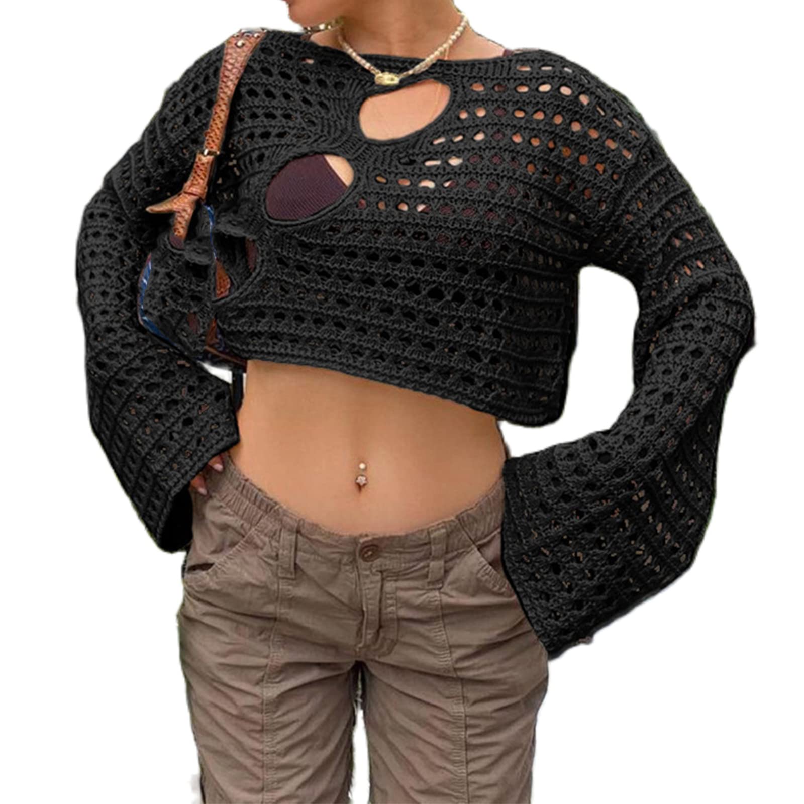 Sunloudy Women's Cropped Knit Top Long Sleeve Crochet Hollow Out Square Neck Sweater - Casual Boho Chic Crop Top for Fall Layering & Date Night Outfits