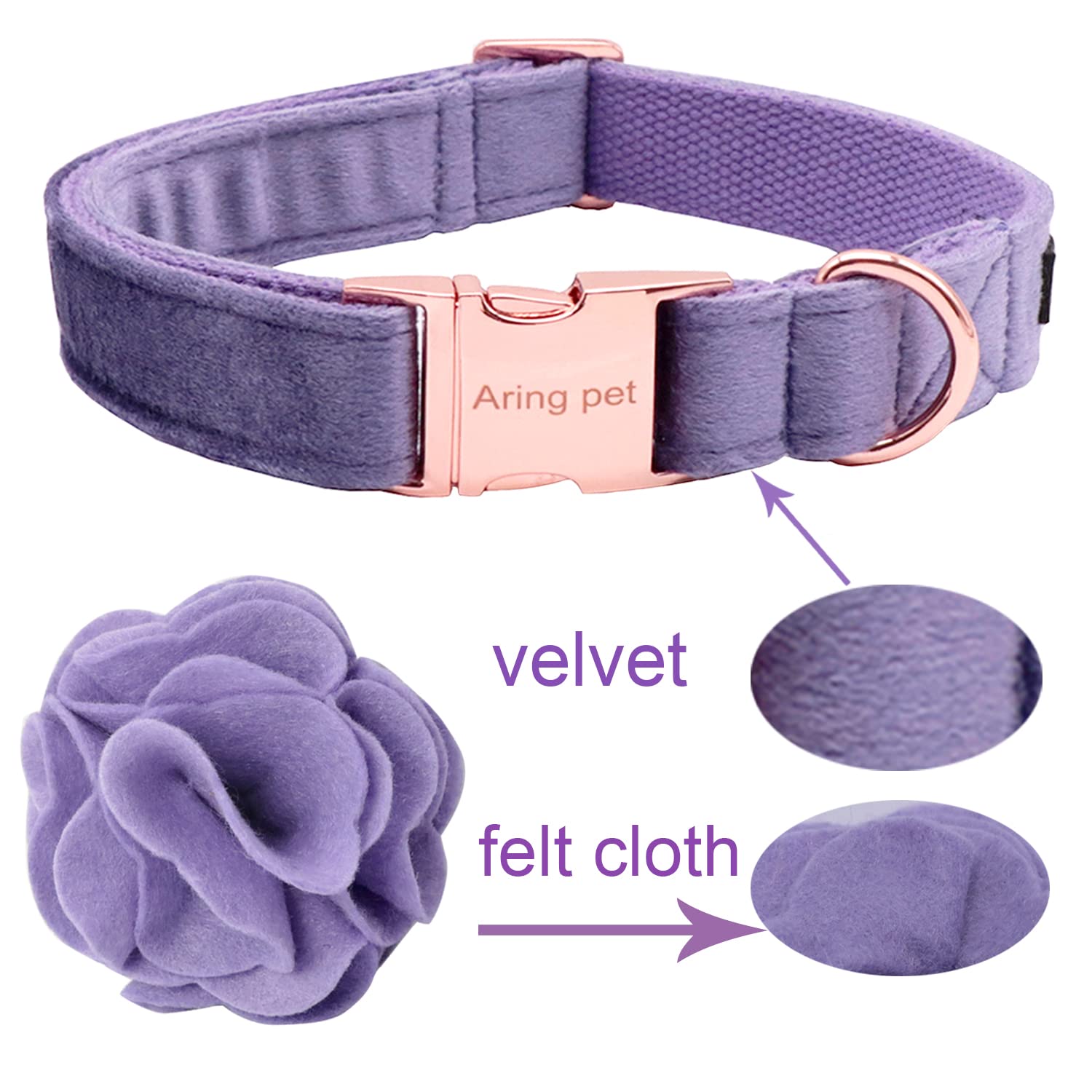 ARING PET Velvet Dog Collar with Detachable Felt Flower - Adjustable Soft Comfortable Collar with Metal Buckle for Small, Medium & Large Dogs | Purple Dog Accessories for Daily Walks, Pet Photos & Special Occasions