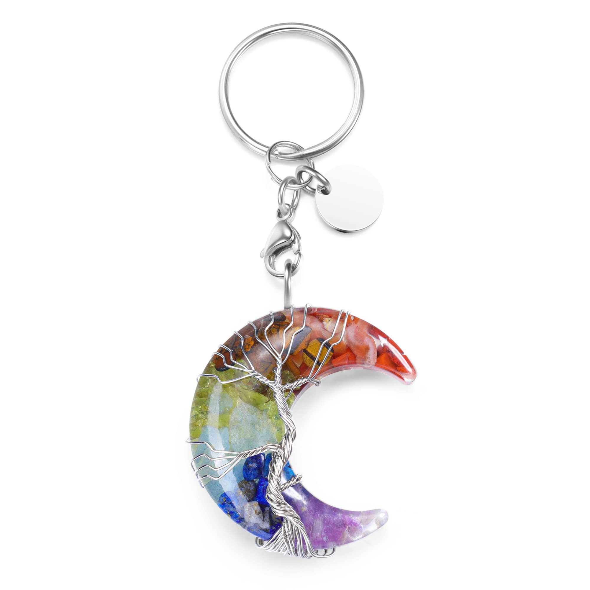 Healing Crystals Keychain - Wire Wrapped Tree of Life & Crescent Moon Pendant for Women | Spiritual Gift, Protection Charm, Yoga Jewelry, Meditation Accessory, Positive Energy Decor