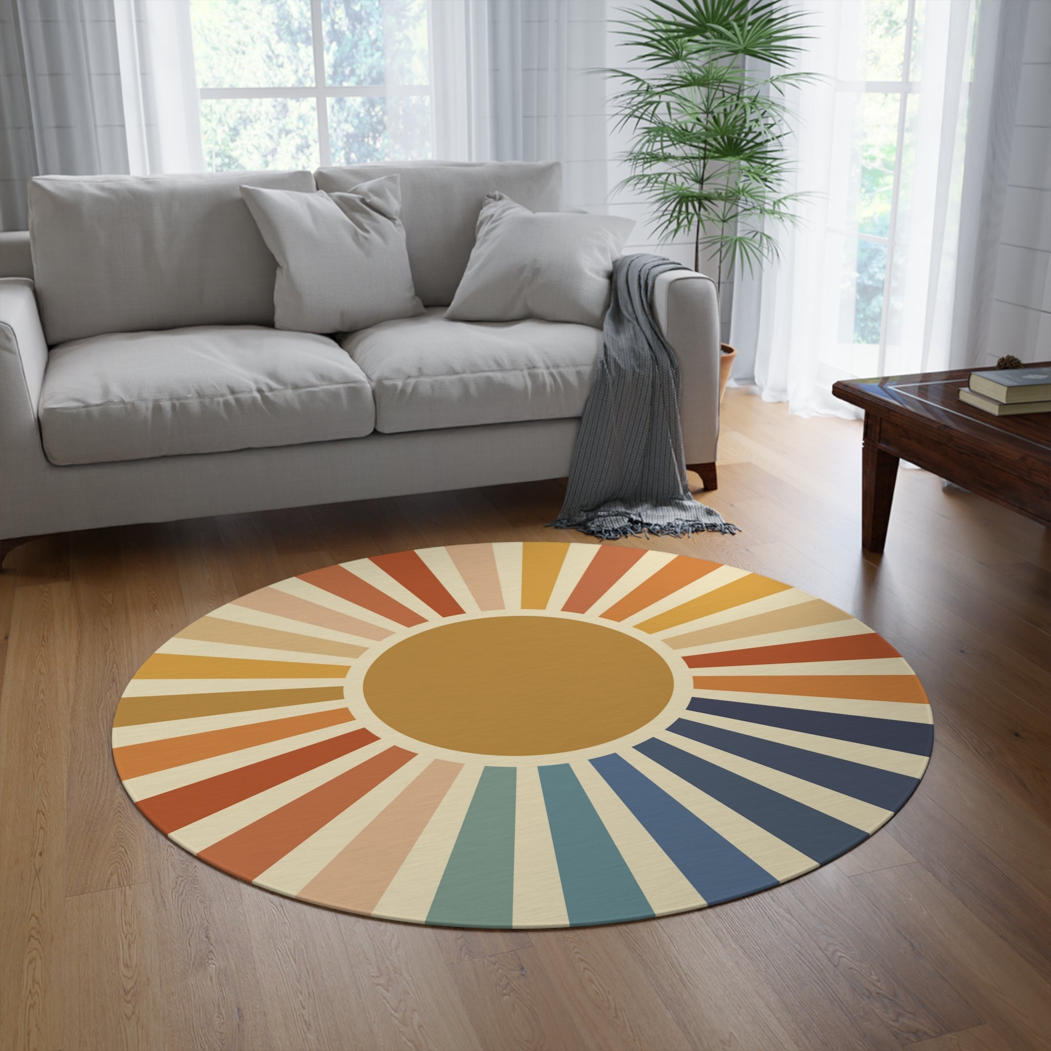 Pastel Sunburst Round Chenille Rug for Living Room - Soft Polyester Area Rug, Non-Slip Floor Mat - Perfect for Bedroom, Dorm, or Office Decor