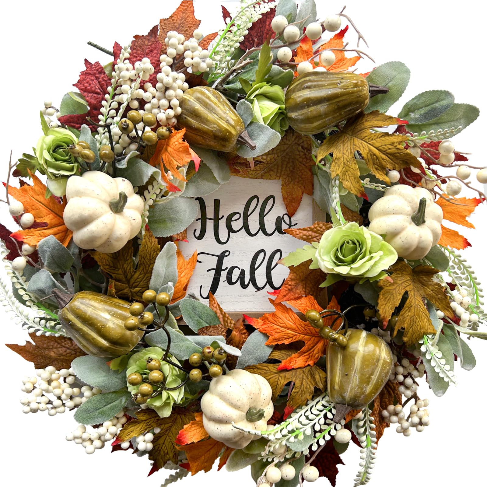 22’’ Hello Fall Wreath - Autumn Front Door Decor with Pumpkin, Berries, Maple Leaves & Pine Cones - Perfect for Thanksgiving, Harvest Season, Indoor/Outdoor Wall Decoration - Ideal for Porch, Entryway, Mantel & Seasonal Home Decor
