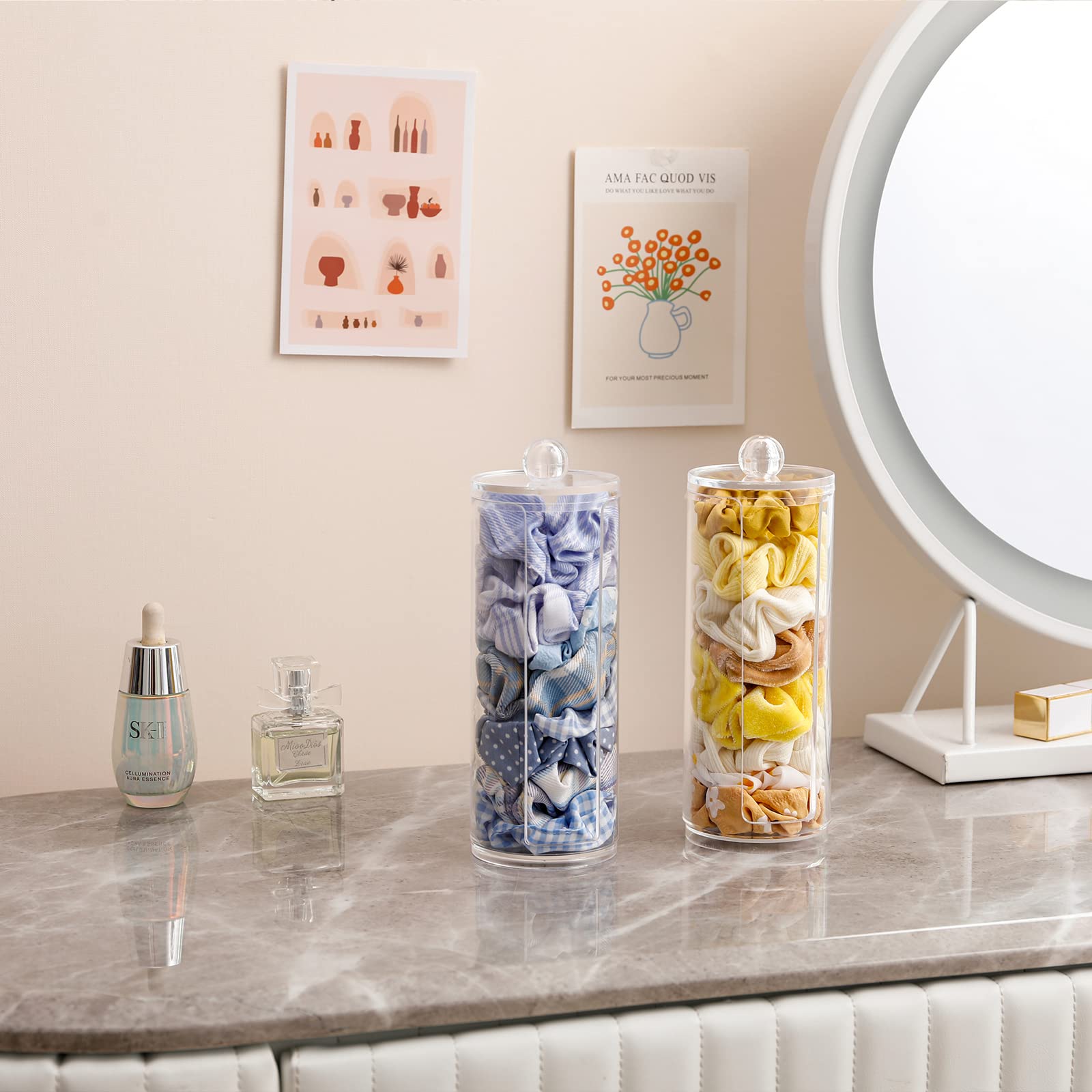 FABROK Clear Scrunchie Holder Stand with Lid - Portable Hair Tie Organizer for Teen Girls | Perfect Hair Accessories Display & Storage for Bedroom, Bathroom, Travel