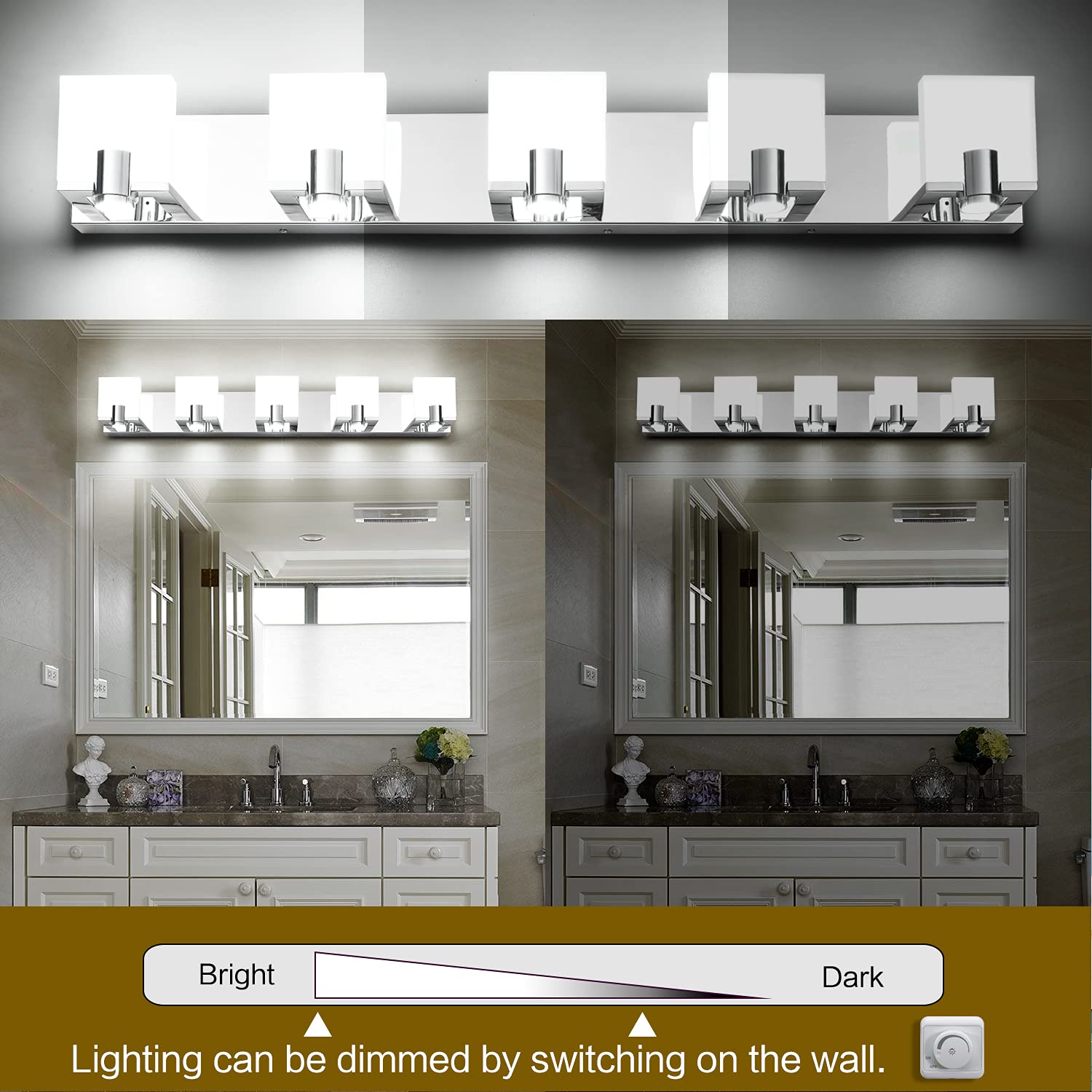 Dimmable LED Bathroom Vanity Lighting - Modern 5-Light Fixture with Gloss Chrome Finish for Mirror Illumination | Perfect for Master Bath, Powder Room & Spa-Style Decor