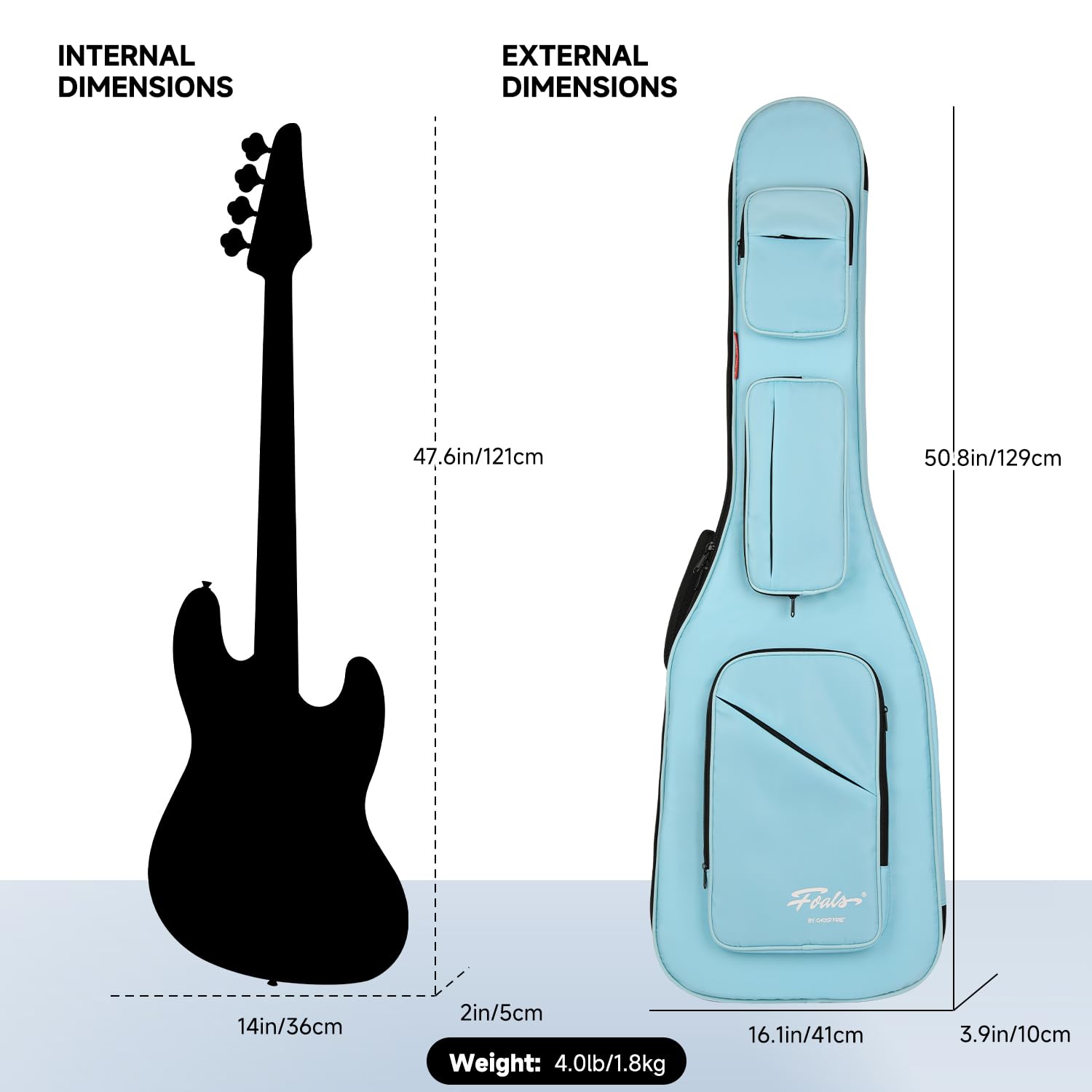 GHOSTFIRE FOALS Phantom Series Colorful Bass Guitar Gig Bag - Super Thick Padded Case with Storage Space (Light Blue) | Perfect for Travel, Gig & Band Practice