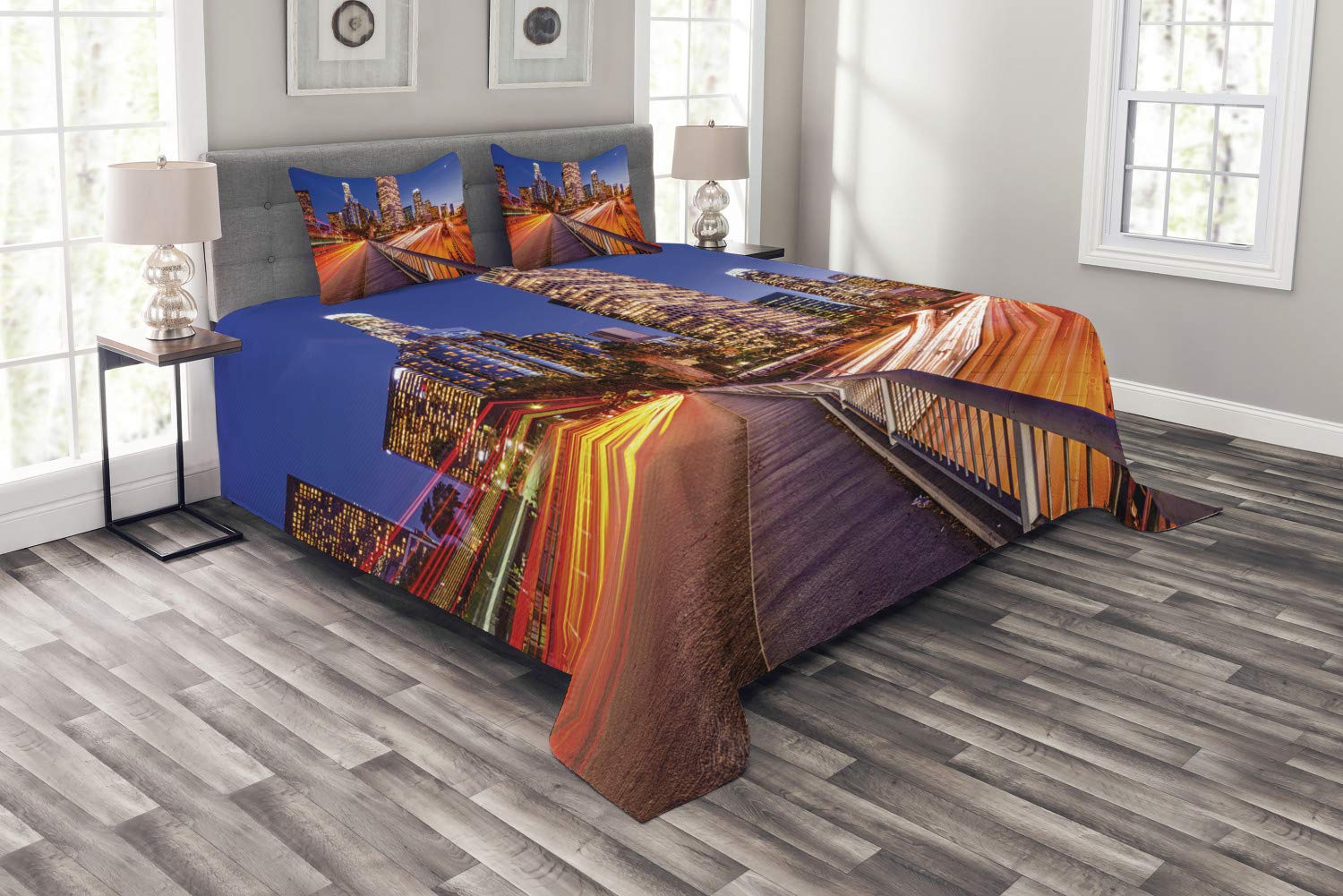 Ambesonne 3-Piece Queen Size Night Bedspread Set - Los Angeles City Skyline Over Highway Travel Design, Decorative Bedding Coverlet with 2 Pillow Shams, Multicolor | Perfect for Urban-Themed Bedrooms & California Travel Lovers