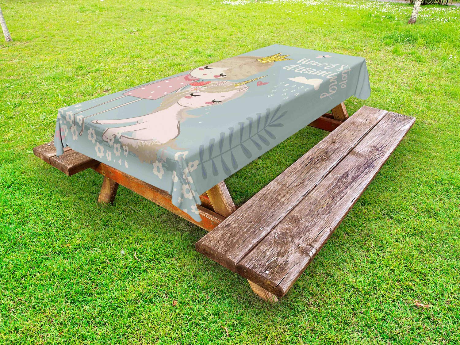 Ambesonne Cartoon Unicorn Tablecloth - Never Stop Dreaming Print, Washable Outdoor Picnic Table Cover 58x120 Inches, Colorful Decorative Tablecloth for Parties, BBQs & Garden Dining