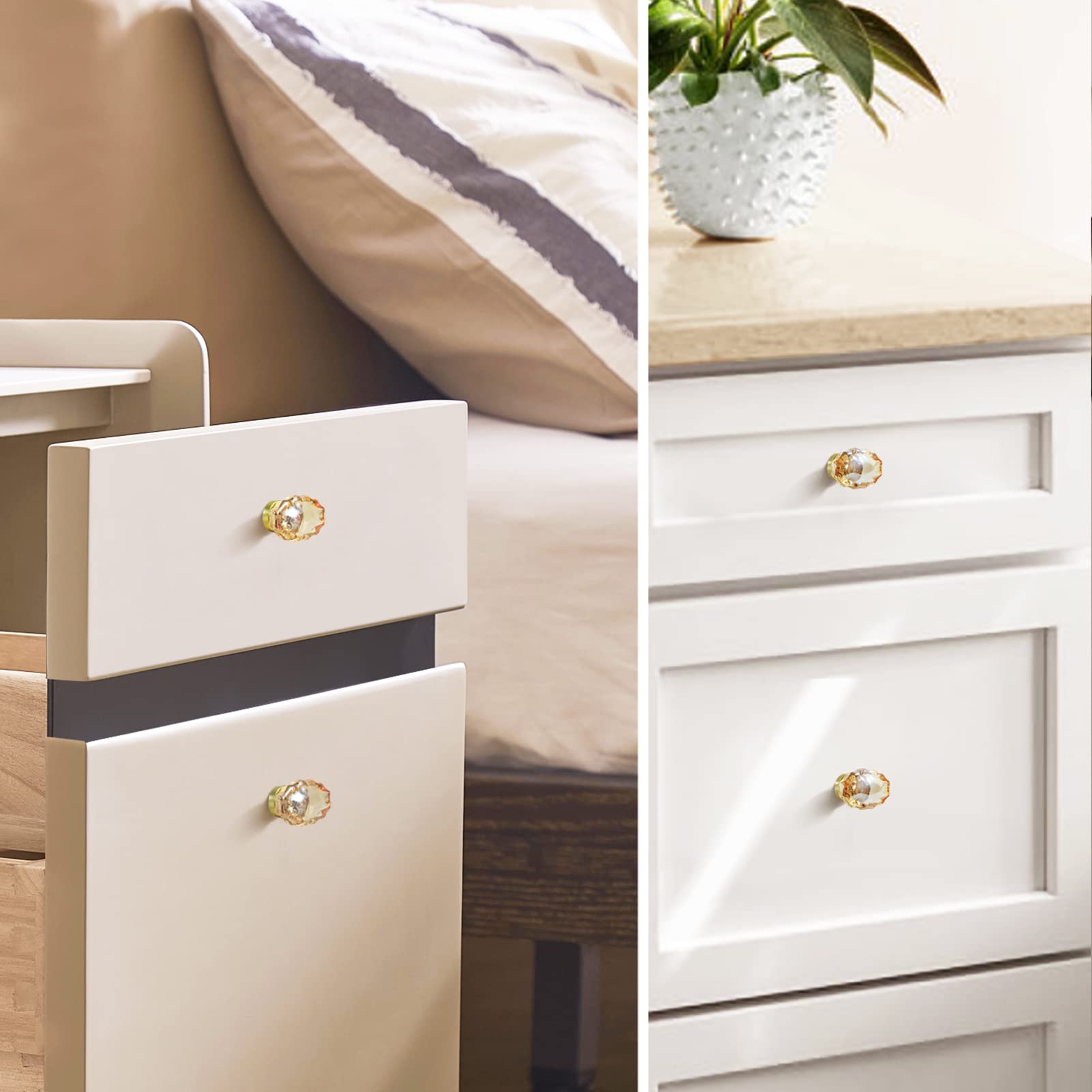 16 Pack Champagne Crystal Cabinet Knobs - Oval Glass Drawer Pulls with Satin Brass & Brushed Gold Base - Perfect for Dressers, Cabinets, and Furniture Upgrades