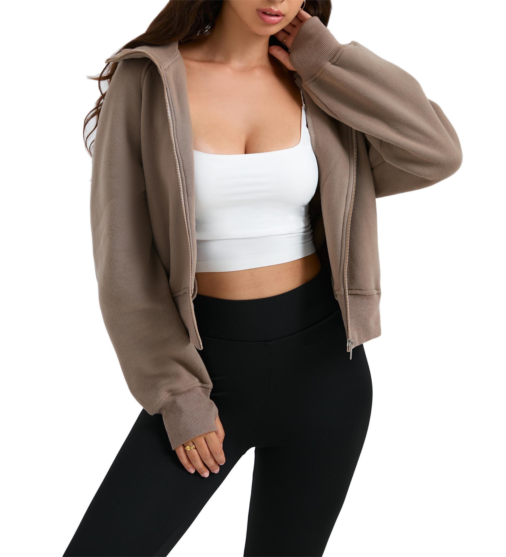 Women's Cropped Zip Up Hoodie with Pockets - Oversized Casual Long Sleeve Sweatshirt for Fall | Perfect for Streetwear, Lounge Wear & Coffee Dates