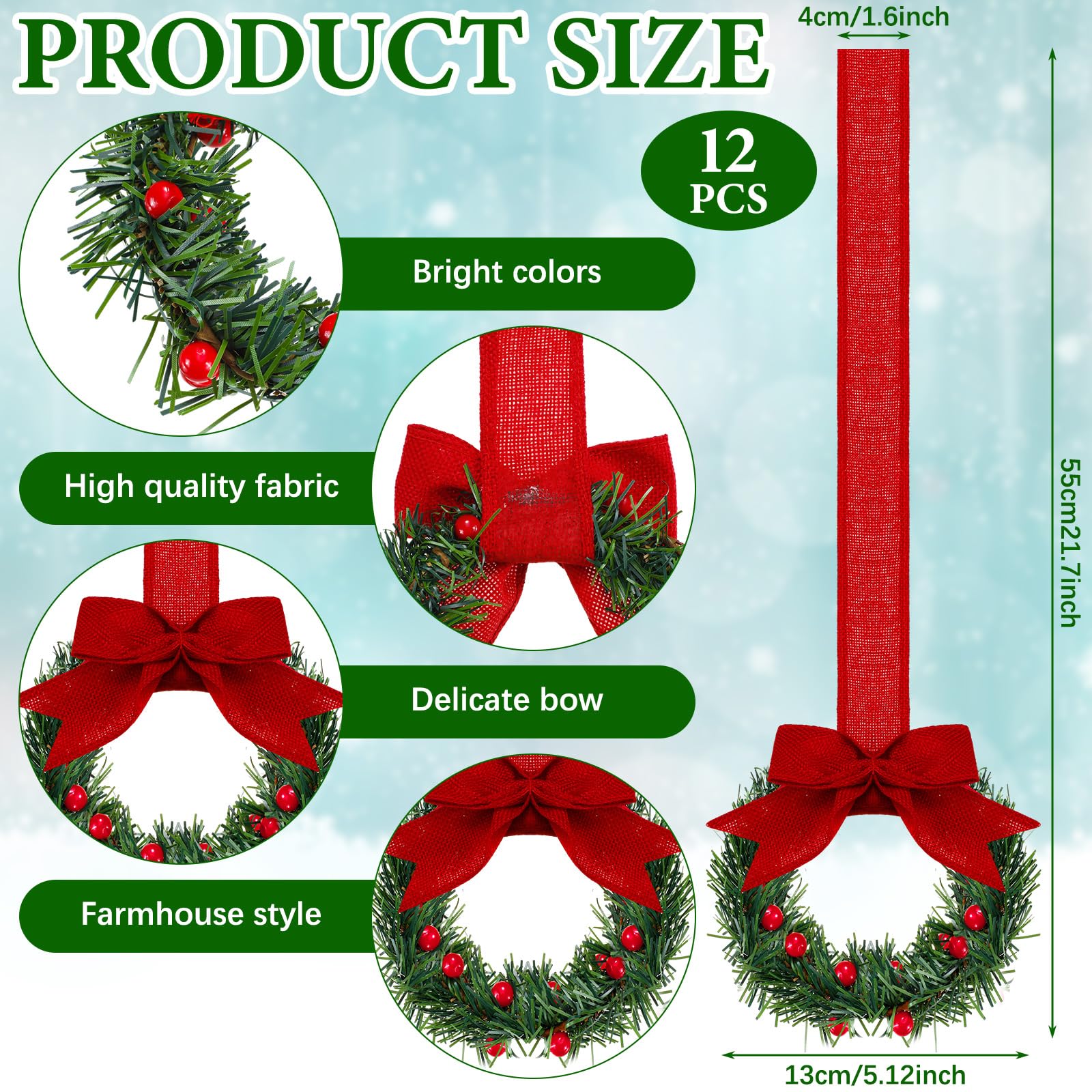 12 Pcs Mini Christmas Wreaths 3.94 Inch - Red Holiday Kitchen Cabinet Decor with Ribbon for Windows, Doors, and Home Decoration - Classic Style Xmas Ornaments for Festive Season