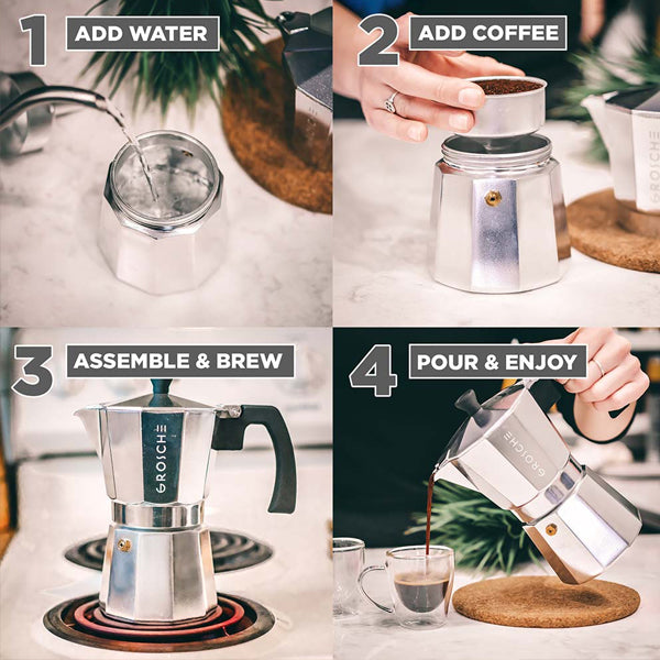 GROSCHE Milano Stovetop Espresso Maker - 3 Cup Italian Coffee Pot for Gas & Electric Stoves - Perfect for Home, Office & Camping Coffee Brewing