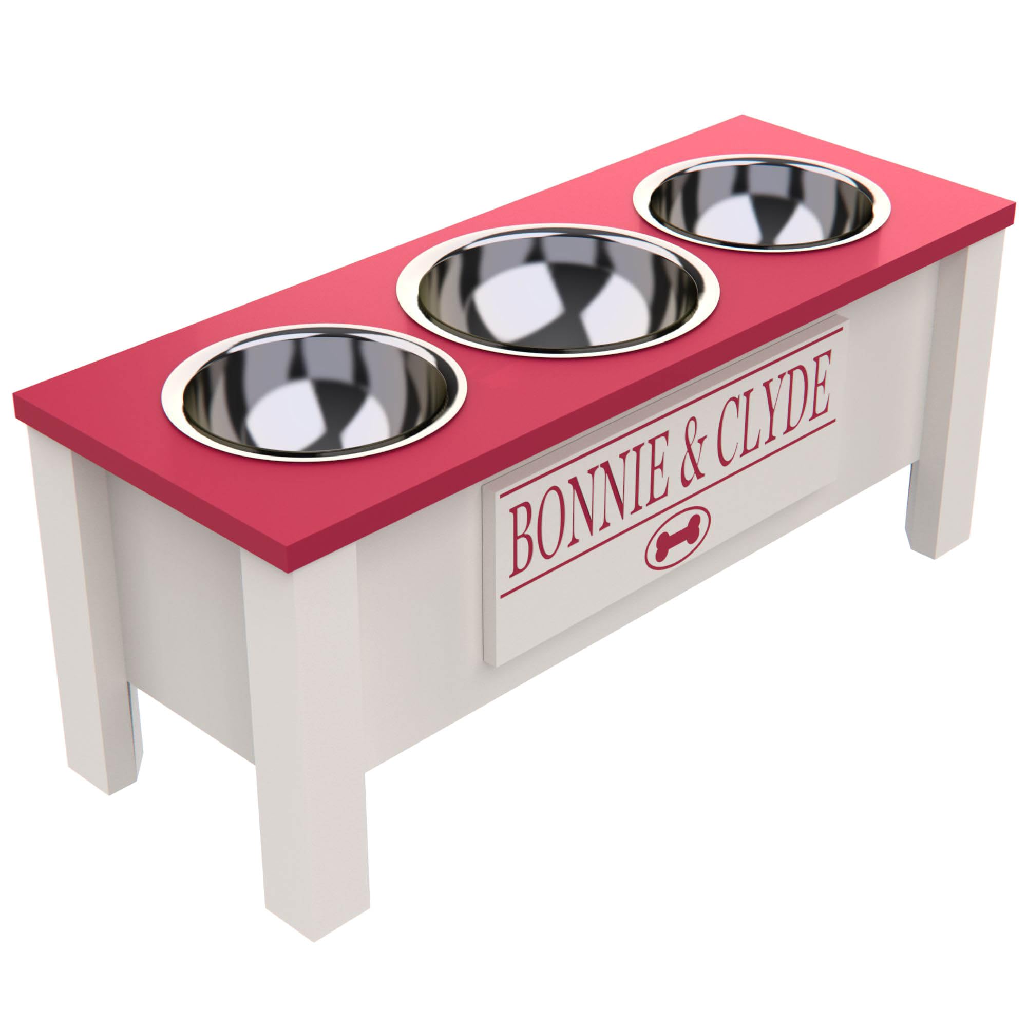 Elevated Triple Dog Bowl Stand with Storage - Adjustable Height for Large, Medium, Small & X-Small Dogs - 3 Stainless Steel Pet Food & Water Bowls - Pink Raised Feeder for Kitchen, Dining Room or Outdoor Use