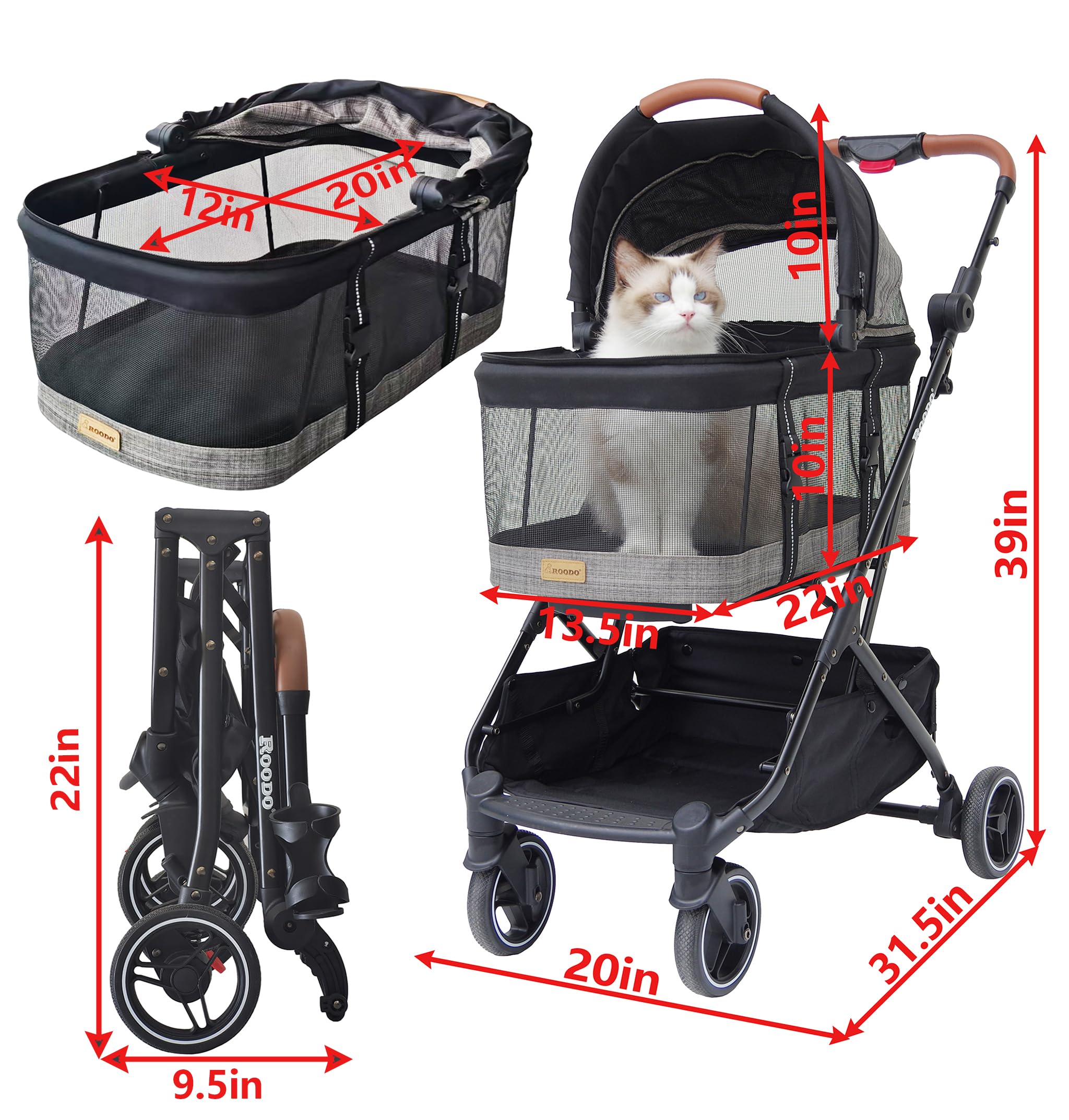 ROODO 3-in-1 Pet Stroller for Dogs & Cats up to 30 lbs - Lightweight Folding Travel Carrier with Detachable Car Seat - All-Terrain Puppy Stroller in Grey Lattice | Perfect for Vet Visits, Shopping Trips & Outdoor Adventures