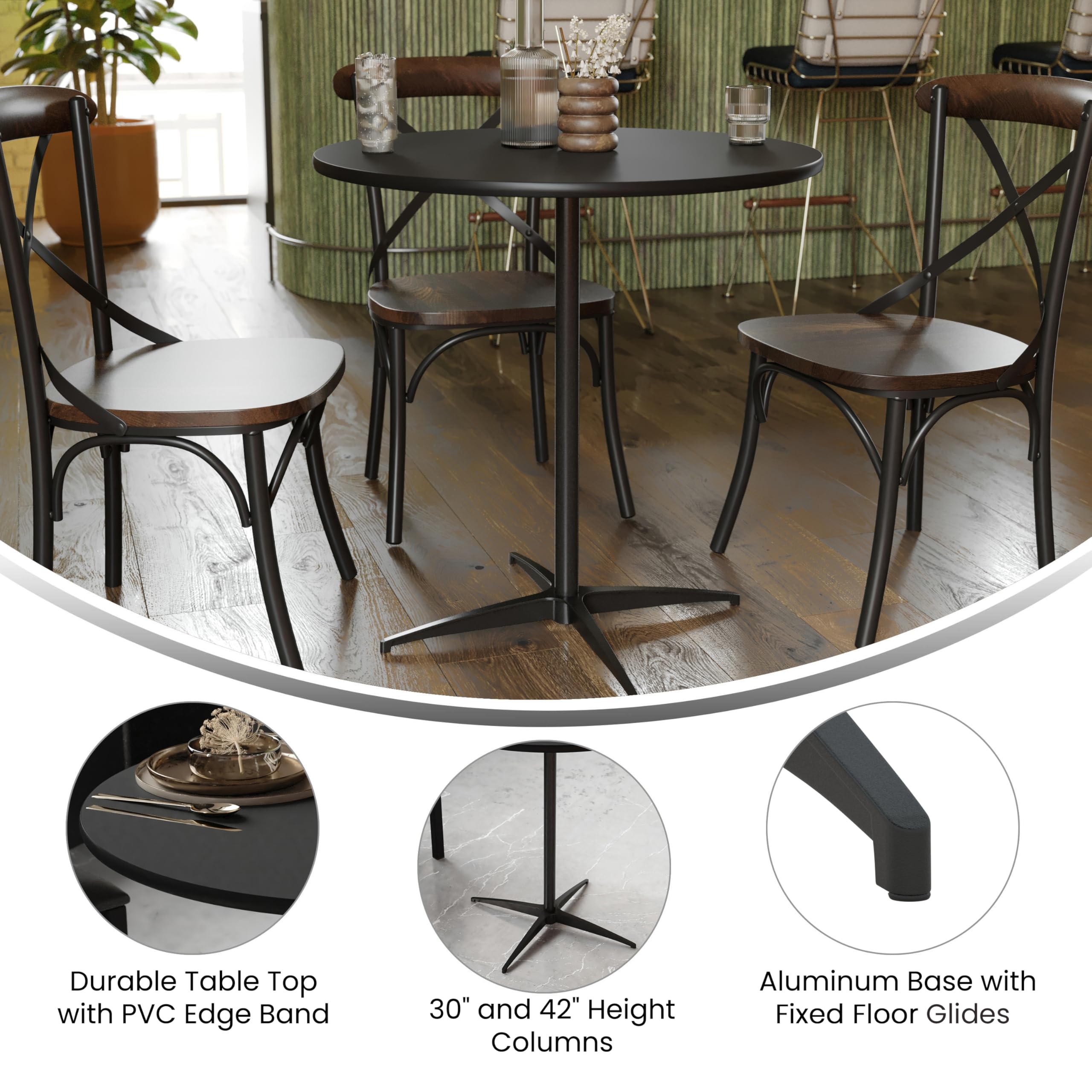 Flash Furniture Lars Black 30'' Round Wood Cocktail Table with 30'' and 42'' Columns - Modern Living Room Centerpiece for Small Spaces & Apartments