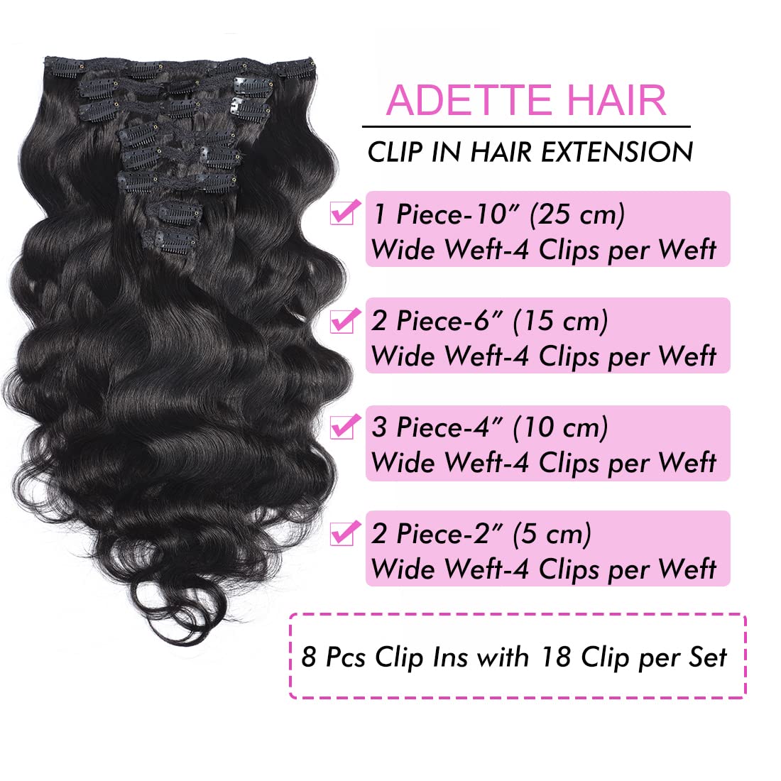 10A Grade Unprocessed 16 Inch Human Hair Clip In Extensions - Body Wave Soft Silky Natural Black 1b# for Black Women (8Pcs 18 Clips) | Perfect for Daily Styling, Parties & Special Occasions
