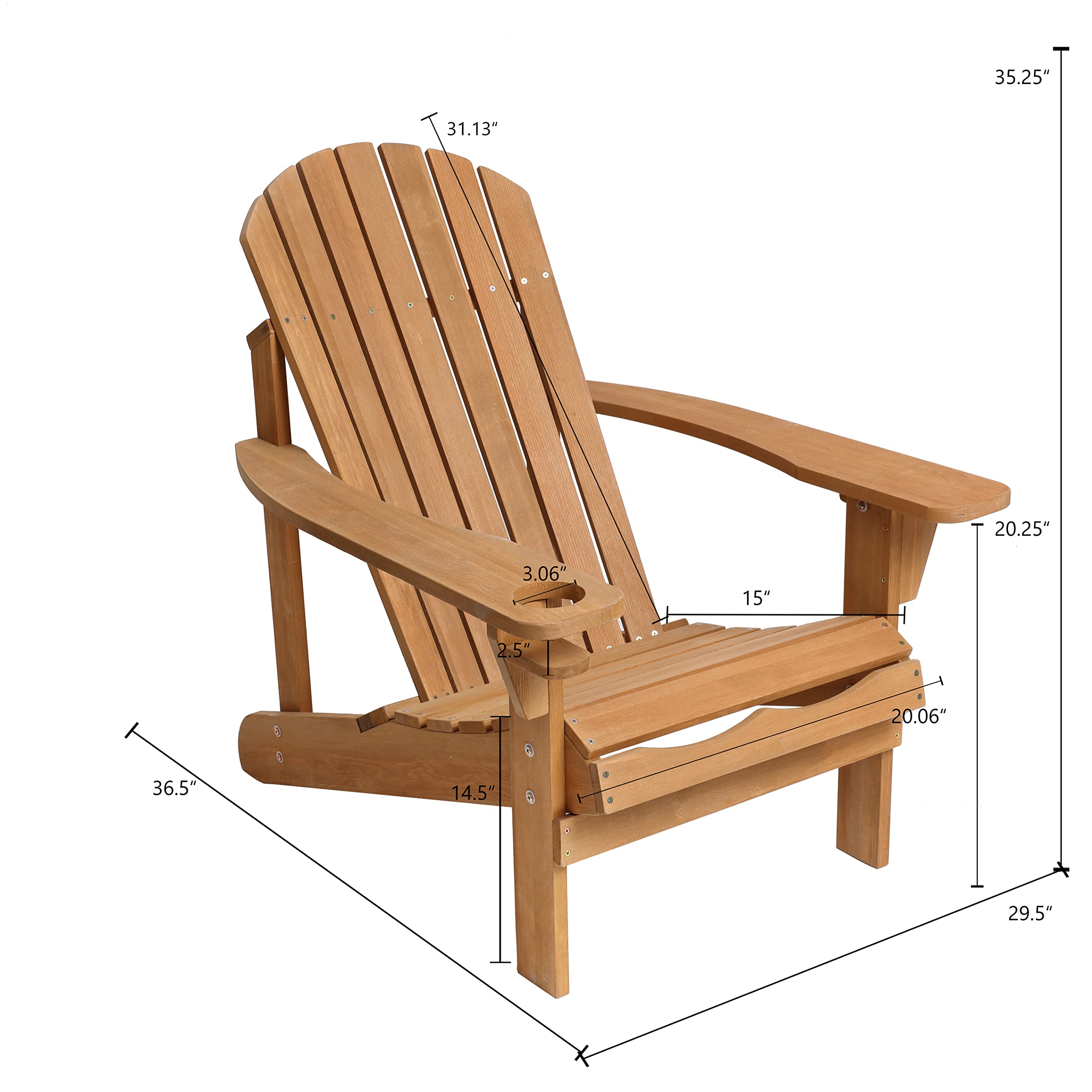 LuxenHome Folding Adirondack Chair - Sturdy Fir Wood Outdoor Lounge Chair with Cup Holder for Patio, Poolside, Garden & Backyard - Comfortable Oversized Fire Pit Seating for Relaxing & Lounging