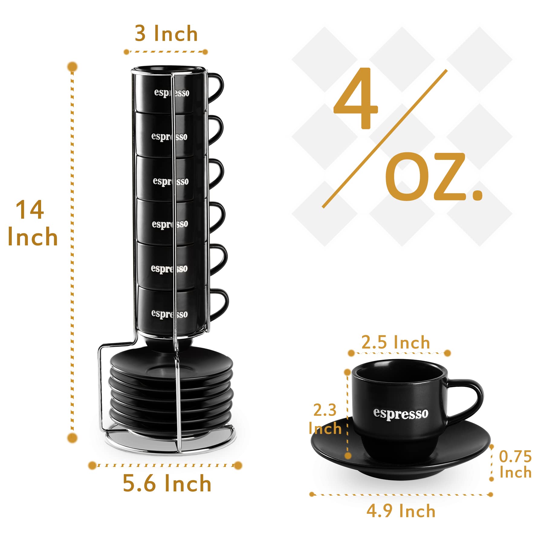 LYEOBOH 4oz Porcelain Espresso Cups with Saucers Set - 6 Stackable Demitasse Coffee Mugs with Metal Stand for Latte, Cappuccino, Mocha & Tea - Perfect for Home Cafes, Coffee Shops & Gifts