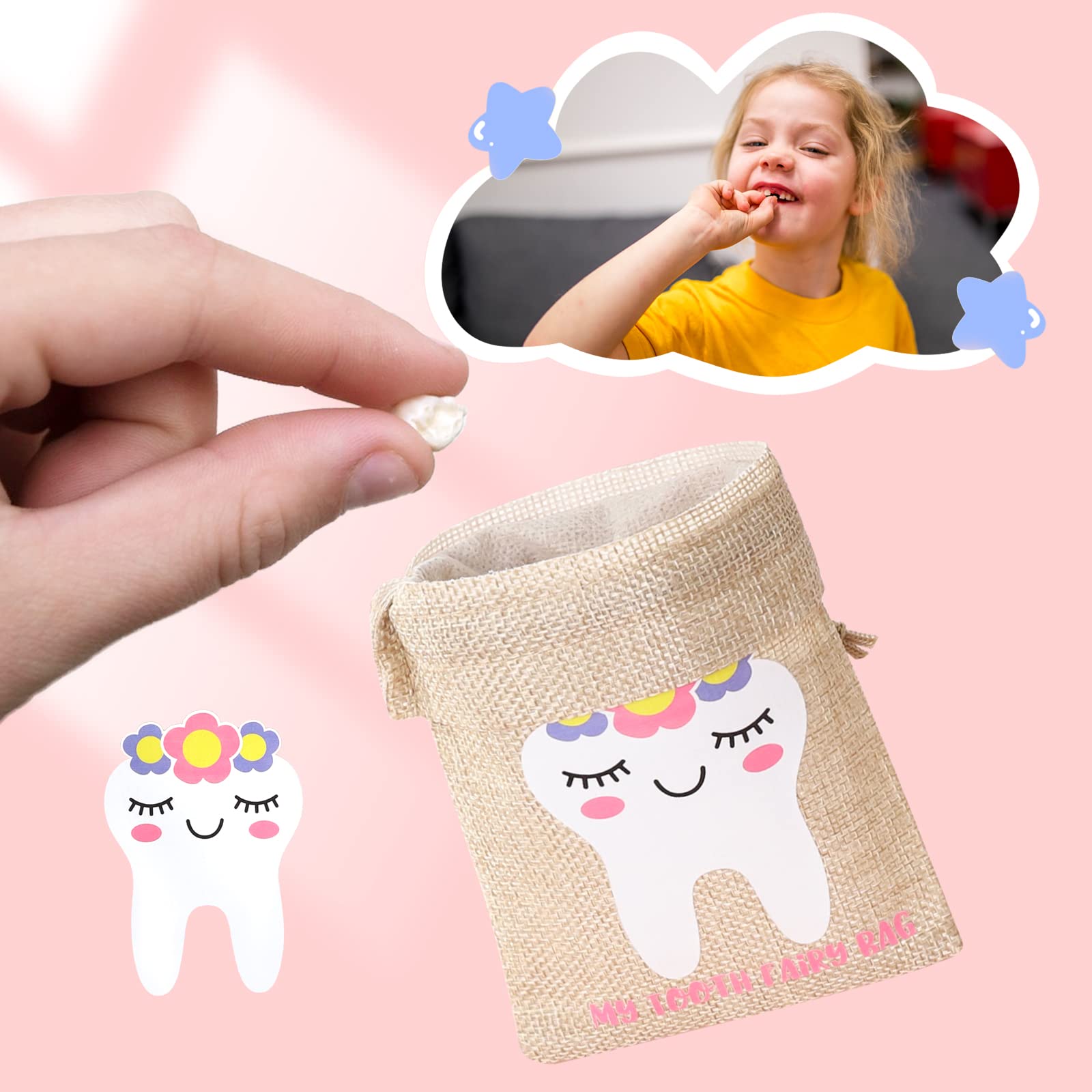 Hopttreely 3PCS Pink Tooth Fairy Bags for Girls - Keepsake Pouch & Milk Teeth Storage Box with Drawstring Closure | Perfect for First Lost Tooth Celebration & Childhood Memory Preservation