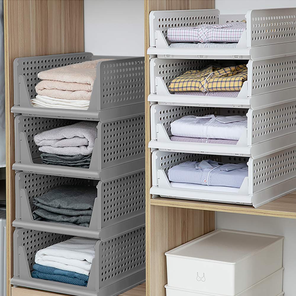 4-Pack Folding Wardrobe Storage Boxes - Plastic Drawer Organizers with Dividers, Stackable Shelf Baskets for Clothes & Toys - Space Saving Closet & Laundry Organization for Bedroom, Office & Home Storage Solutions
