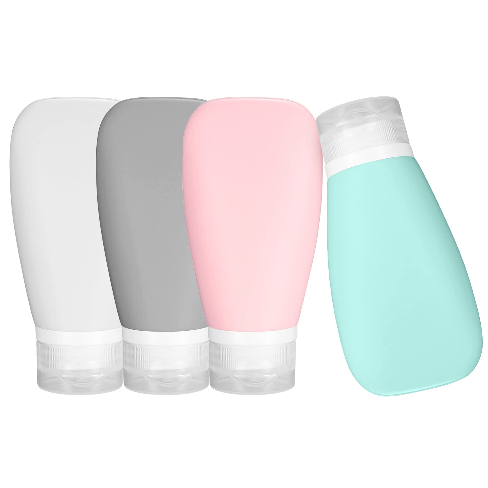 4PCS 90ml Silicone Travel Bottles - Leak Proof & Refillable Toiletry Containers for Shampoo, Lotion & Soap (Pink, Green, White, Gray) - Perfect for Air Travel, Gym Bag & Vacation Essentials
