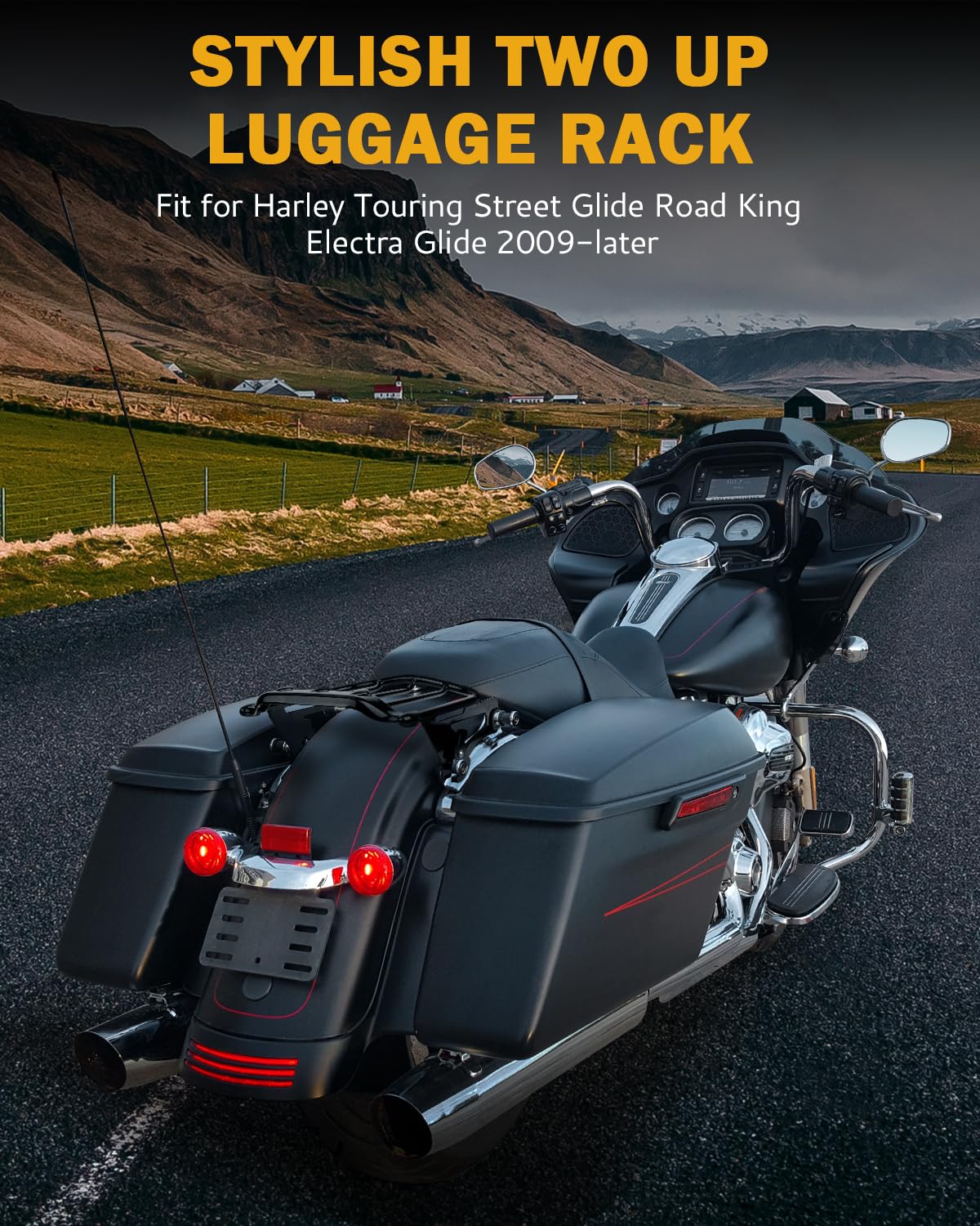 PBYMT Gloss Black Detachable Two-Up Mounting Luggage Rack for Harley Touring Street Glide Road King Electra Glide 2009-2024 (Vivid Black) - Perfect for Long Rides, Road Trips & Motorcycle Touring Accessories