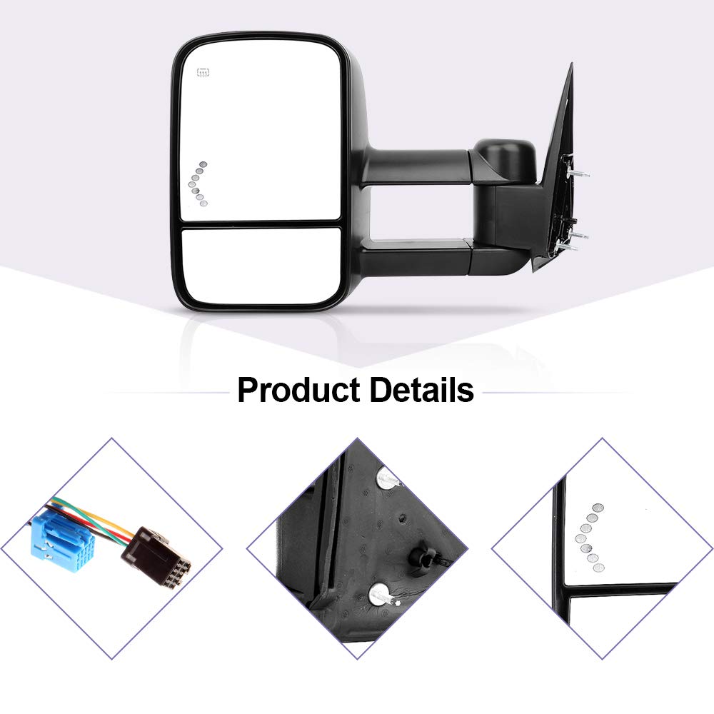 Upgraded Power Heated Towing Mirrors for 2003-2006 Chevy Silverado 1500/2500/3500 & GMC Sierra 1500/2500/3500 - Suburban 1500/2500, Tahoe, Yukon - LED Turn Signal Lights - Perfect for Towing, Camping & Off-Road Adventures