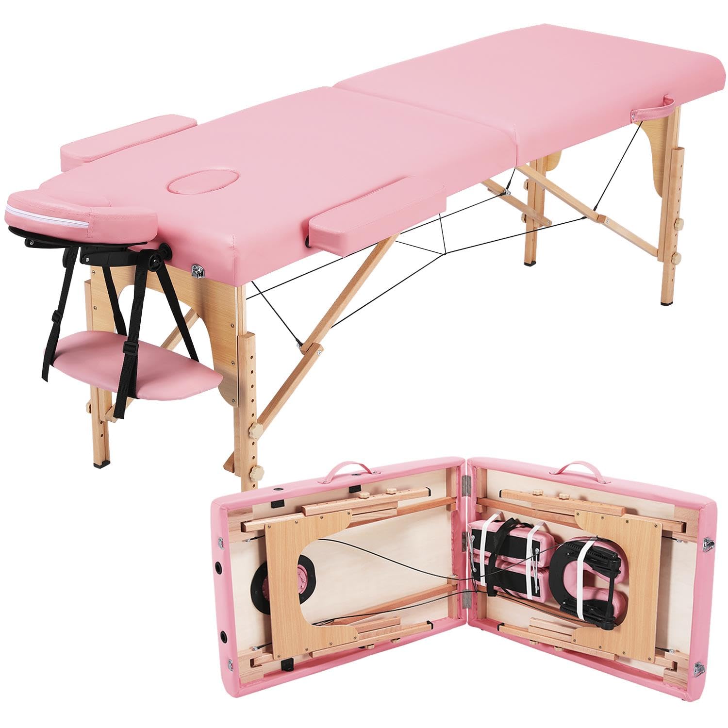 Yaheetech Portable Folding Massage Table - 24 Inch Adjustable Spa Bed for Facials, Lashes & Massage Therapy - Lightweight with Non-Woven Carry Bag - Perfect for Home, Salon & Mobile Spa Services (Pink)