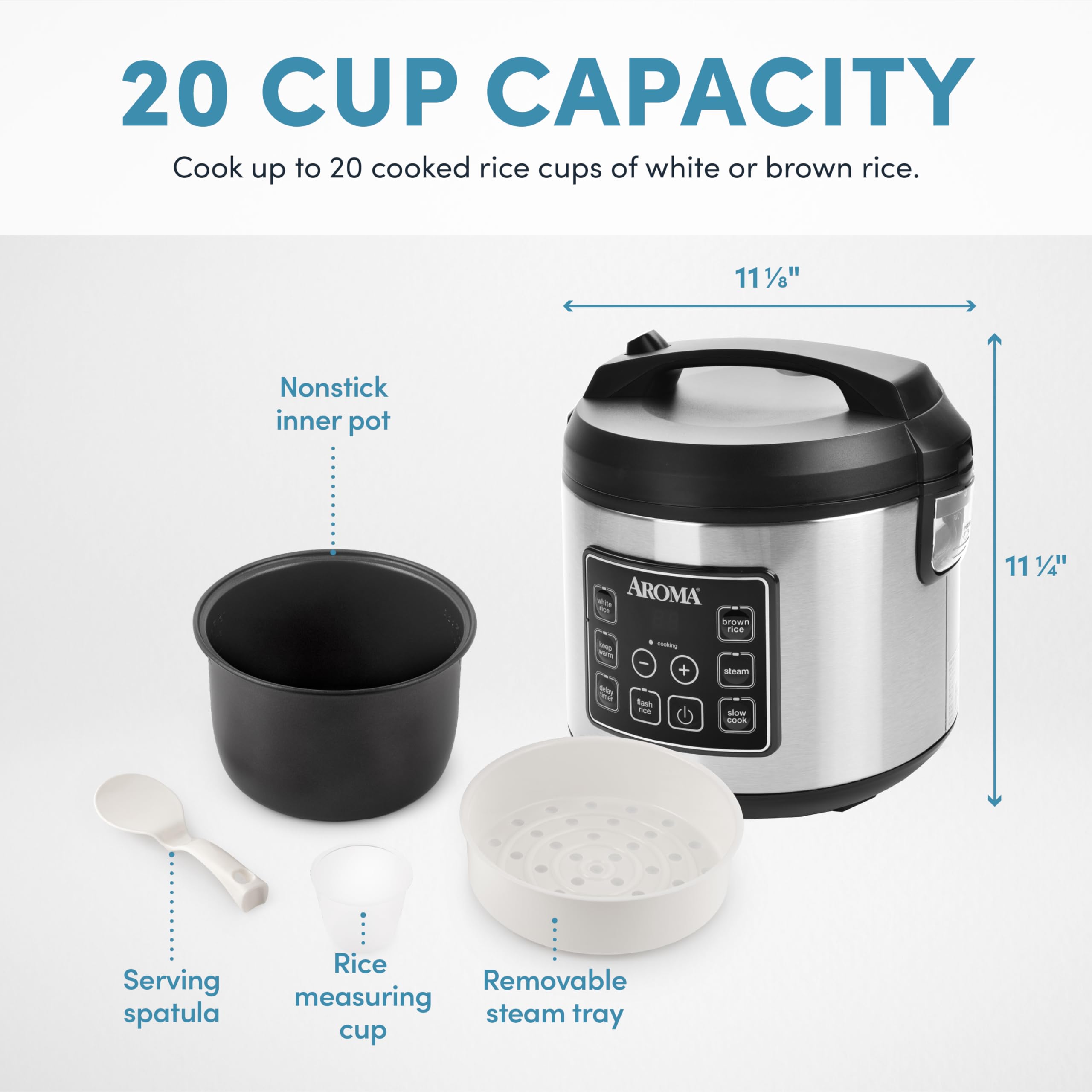 Aroma Housewares 20-Cup (10-Cup Uncooked) Digital Rice Cooker & Slow Cooker with Stainless Steel Exterior - Perfect for Meal Prep, Family Dinners & Healthy Cooking (ARC-150SB, Black)