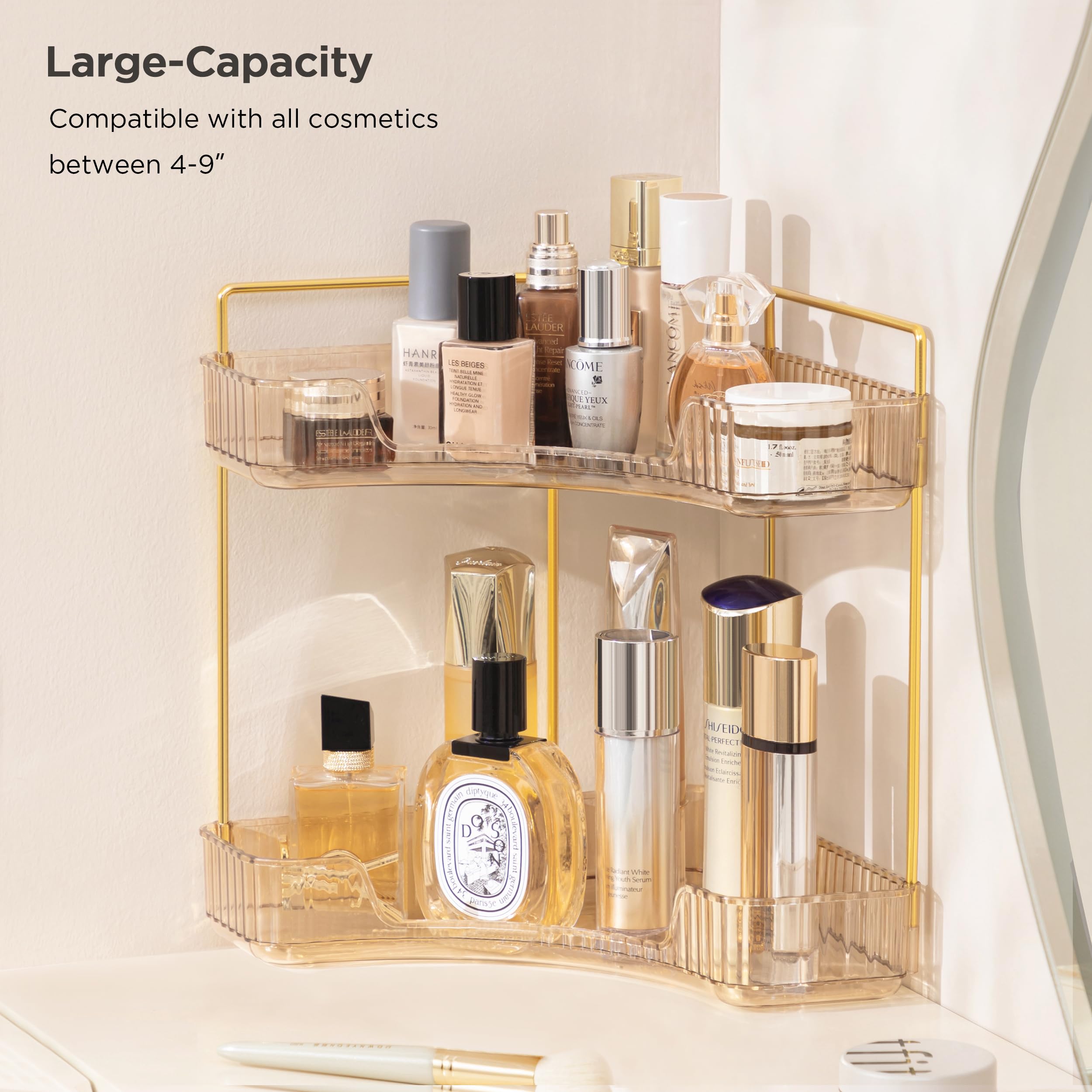 2-Tier Gold Bathroom Countertop Organizer - Corner Makeup & Skincare Storage Tray for Perfumes, Cosmetics & Toiletries | Perfect for Vanity, Sink Area & Small Bathroom Spaces