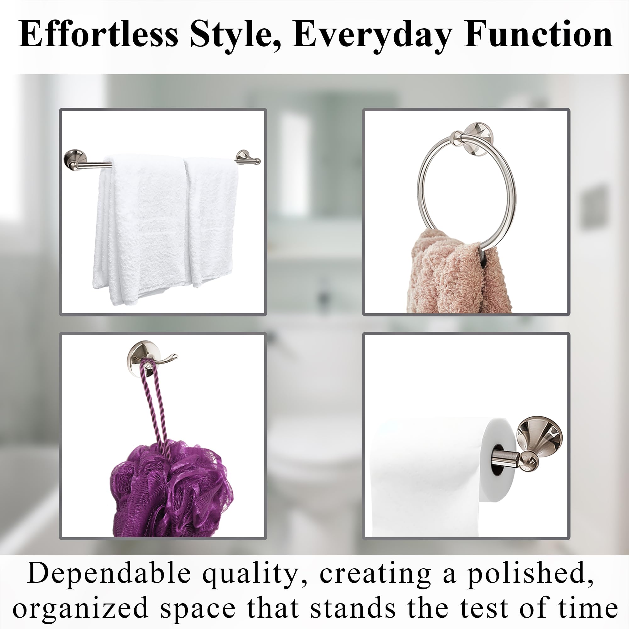4-Piece Brushed Nickel Bathroom Hardware Set - Towel Rings, Hooks & Bar for Wall Mounting - Stainless Steel Towel Holder Set for Modern Bathrooms - Perfect for Home, Hotel & Spa Decor