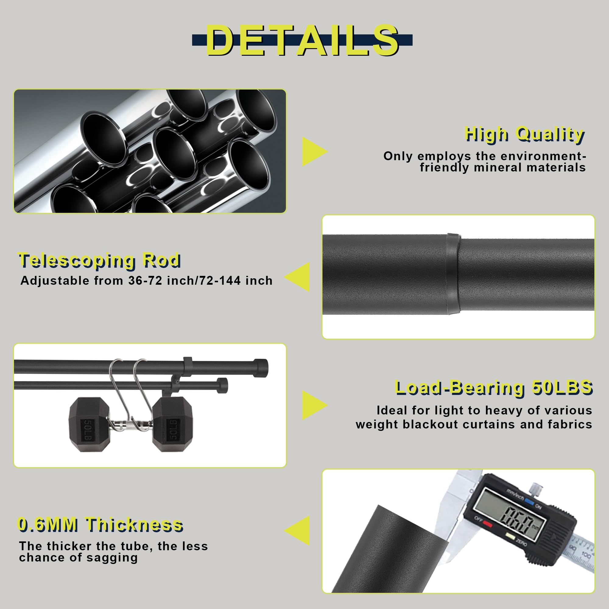 72-144 Inch Adjustable Double Curtain Rod Set - 1'' Front & 5/8'' Back Drapery Rod with Premium Aluminum Brackets & Finials - Matte Black Window Treatment for Living Room, Bedroom, or Office