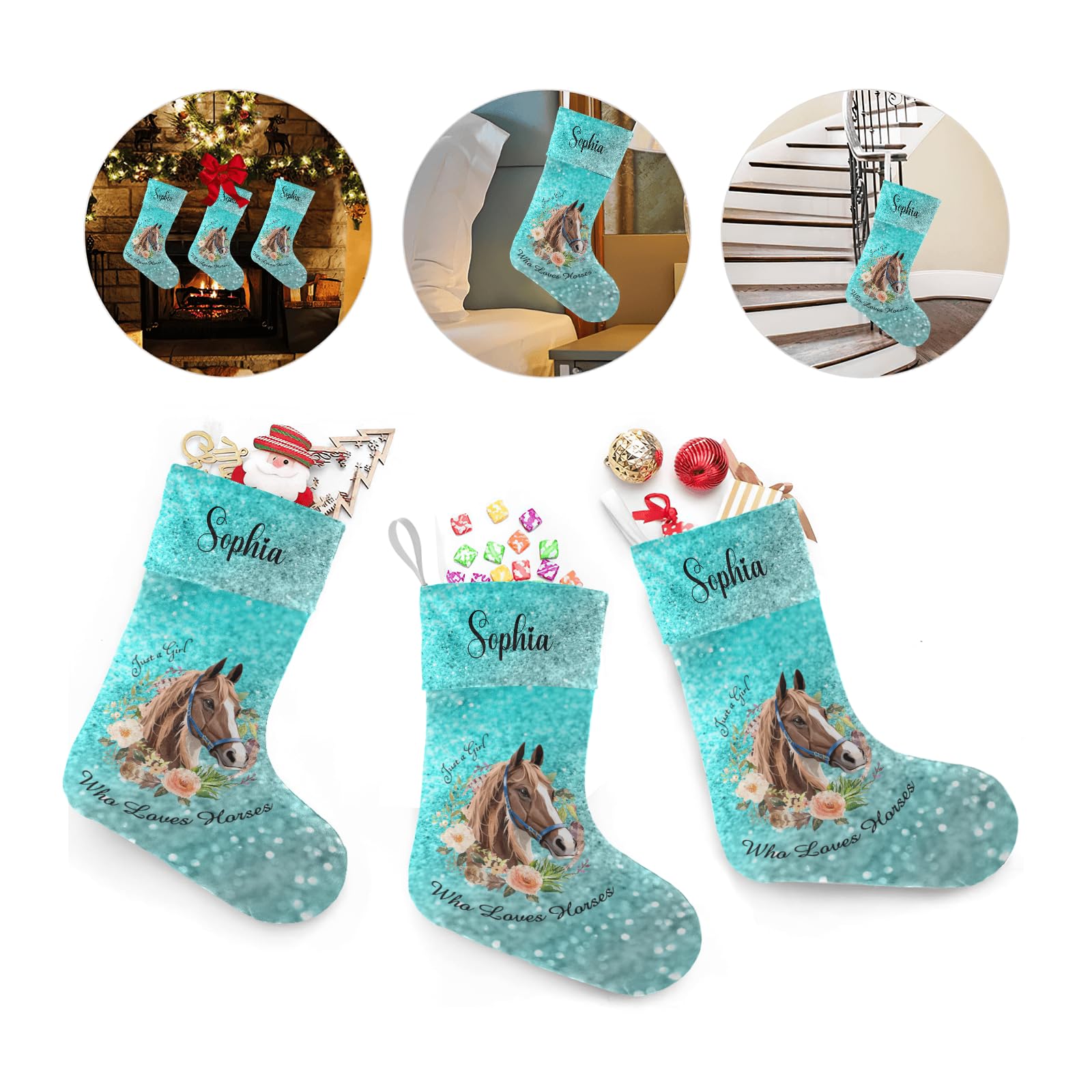 Personalized Christmas Stockings with Name - Horse Lovers Bling Print Holiday Decor for Family - 17.52 x 7.87 Inch Xmas Gift - Perfect for Fireplace Mantel, Holiday Party Favors & Festive Home Decor