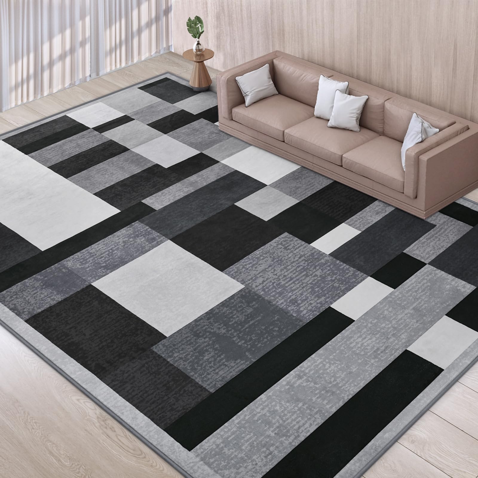 TWINNIS 9x12 Modern Geometric Patchwork Washable Area Rug - Soft Non-Shedding Carpet for Living Room, Bedroom & Hardwood Floors - Black Home Decor (Perfect for Cozy Spaces, Home Staging & Interior Design)